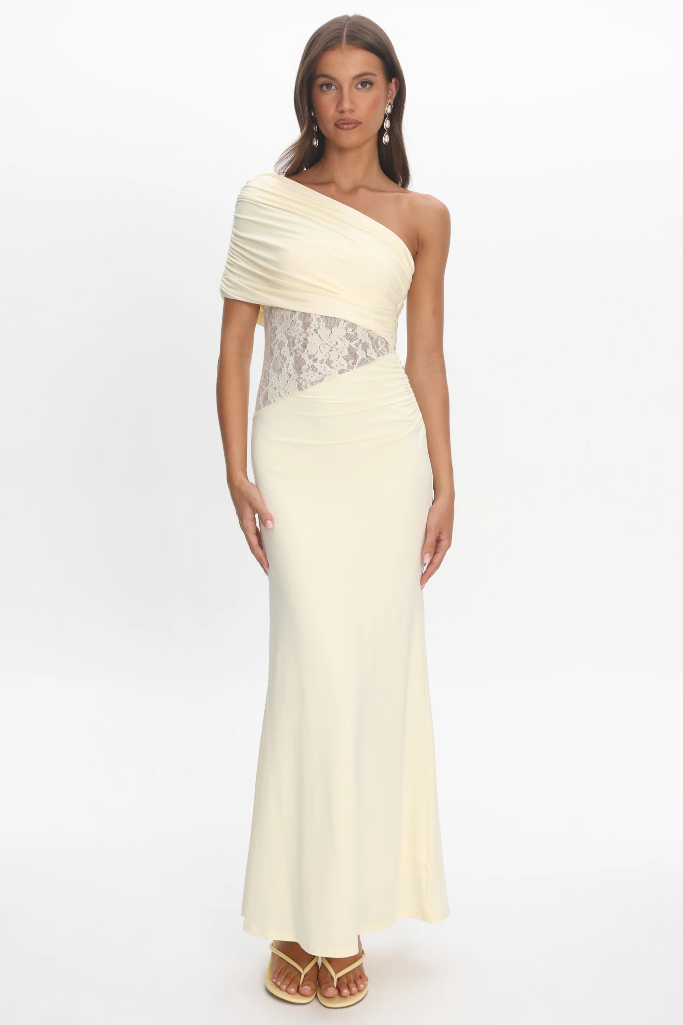 Mallorca Asymmetric Neckline Lace Maxi Dress Butter