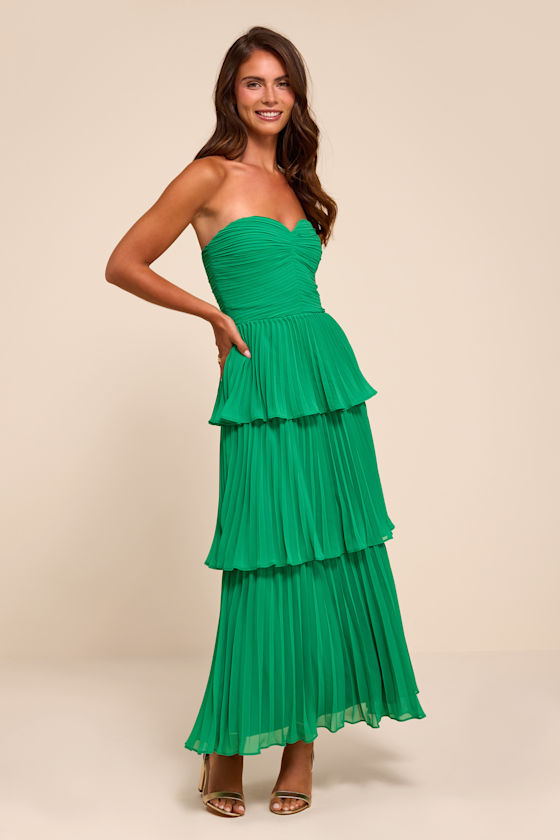 Seriously Sensational Green Strapless Tiered Midi Dress