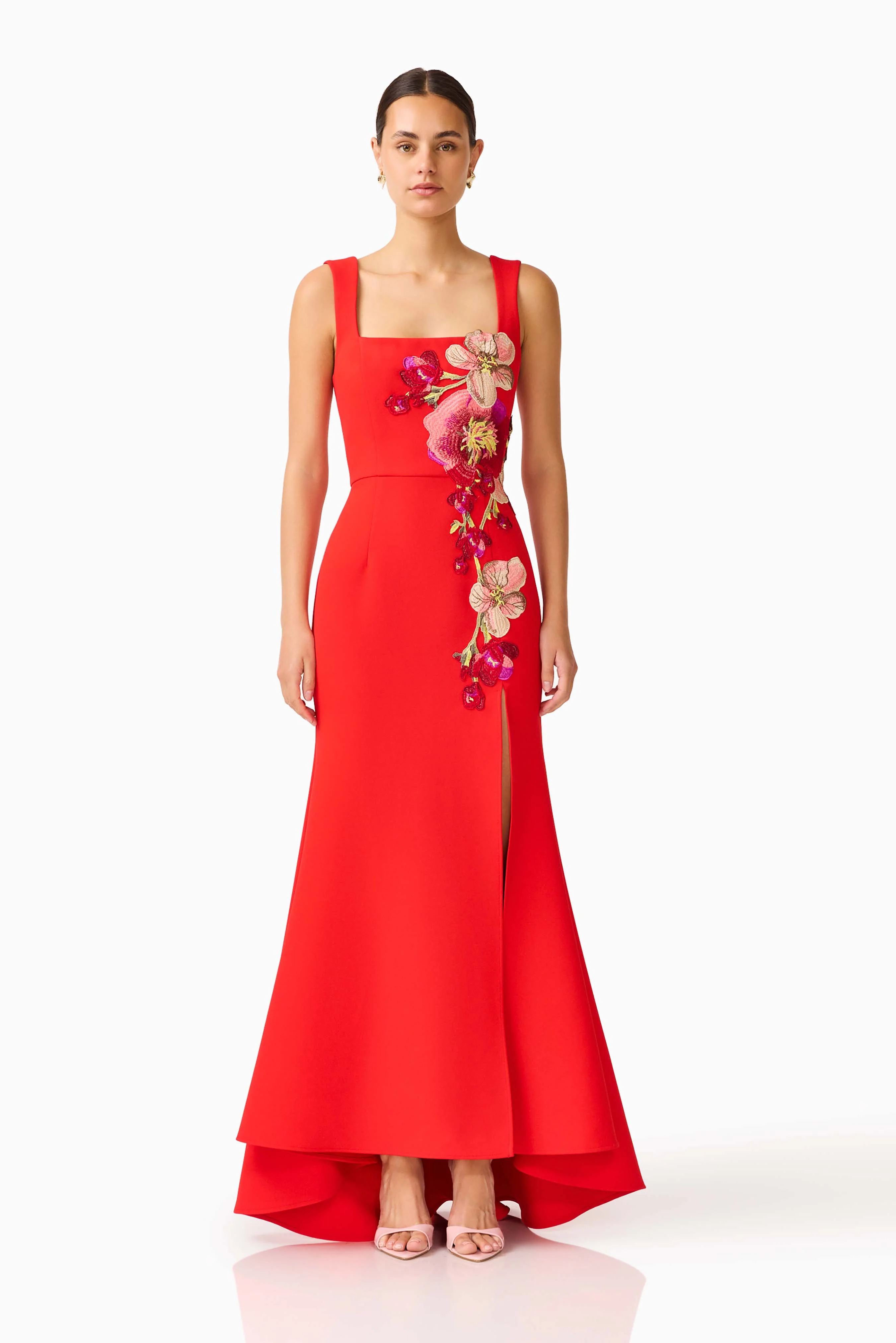 Fleurisca Embroidered Gown in Scarlet Red