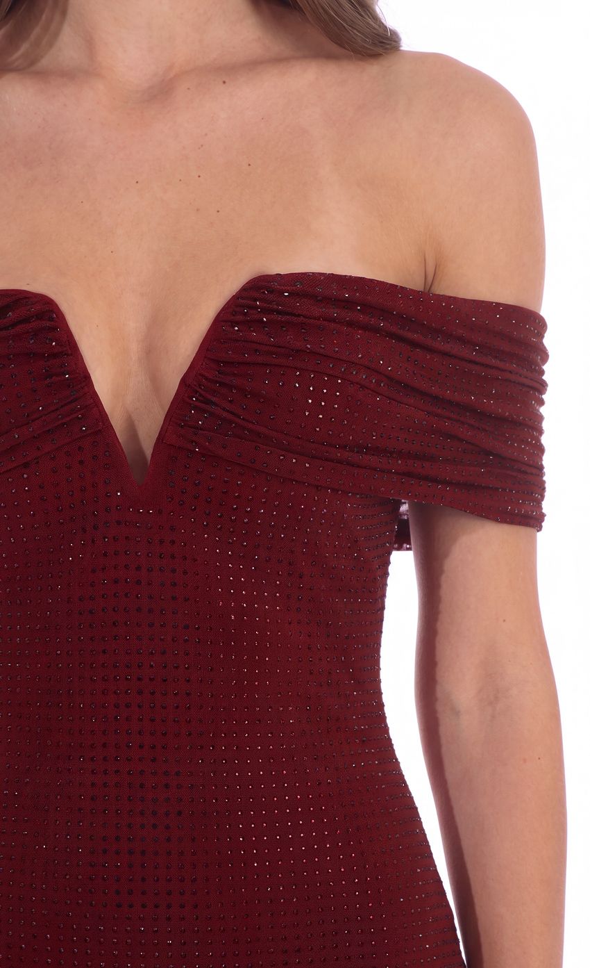 Off-Shoulder Embellished Mini Dress in Burgundy - FASHION NOB