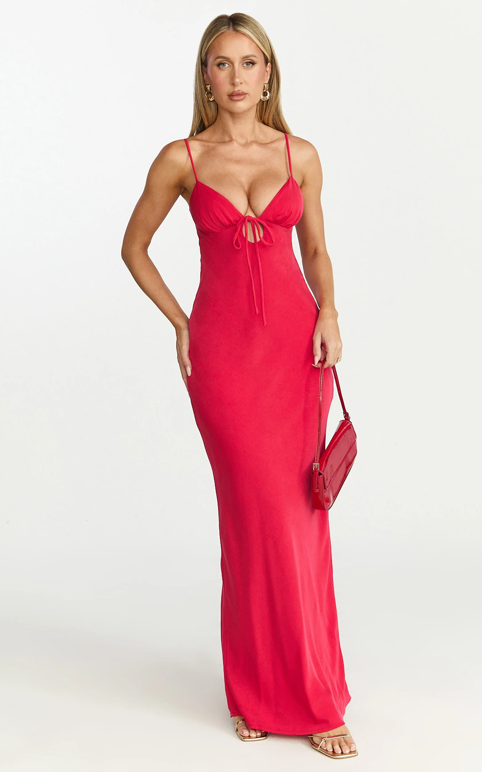 Arlette Midi Dress - Strappy V Neck Under Bust Gathered Tie Front Bias Slip Skirt Dress in Red