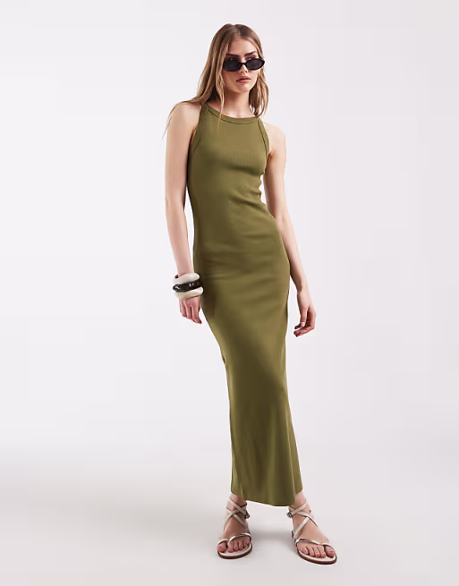 ribbed tank midi dress in khaki