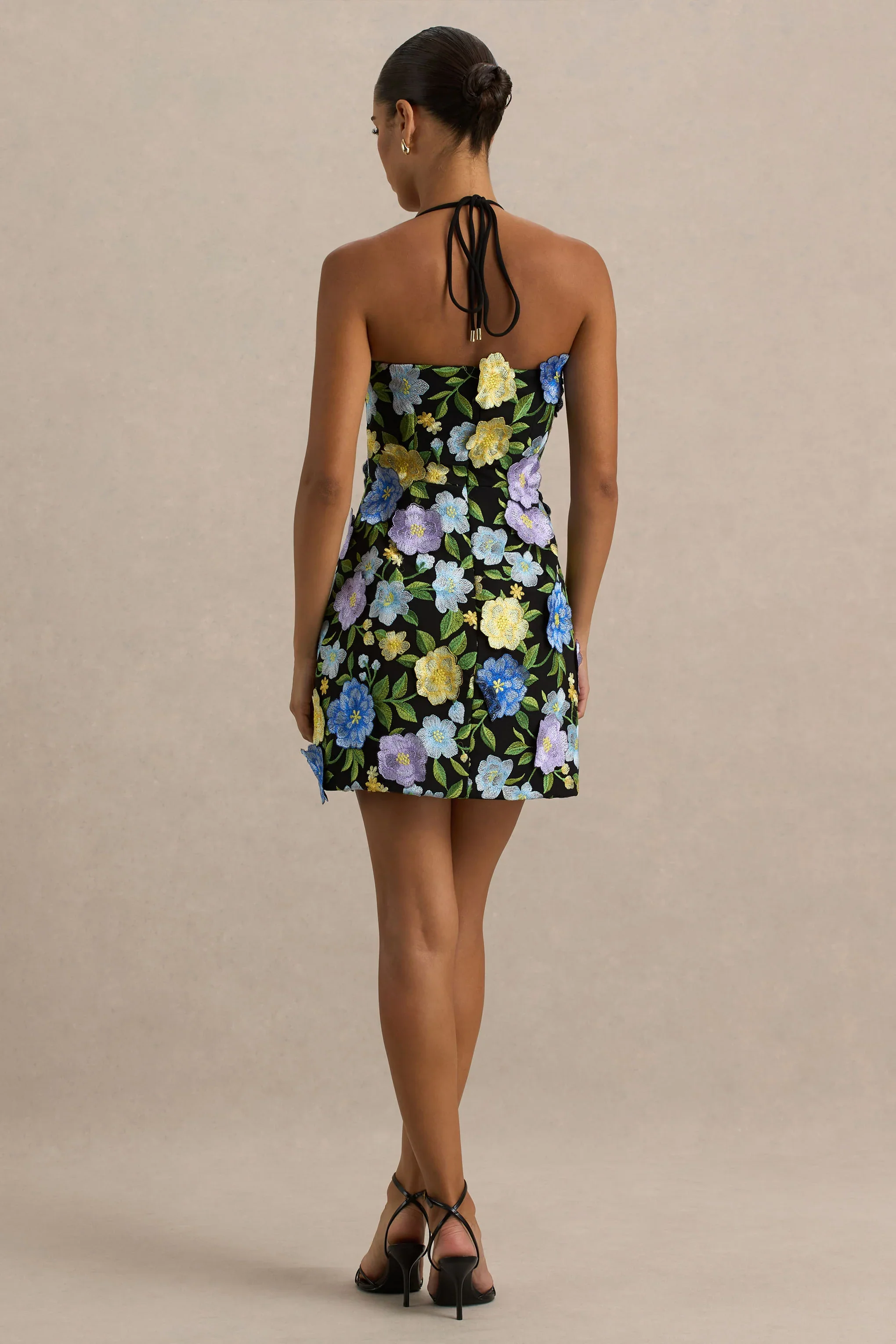 Aisha | Black Floral Embellished Square-Neck Mini Dress