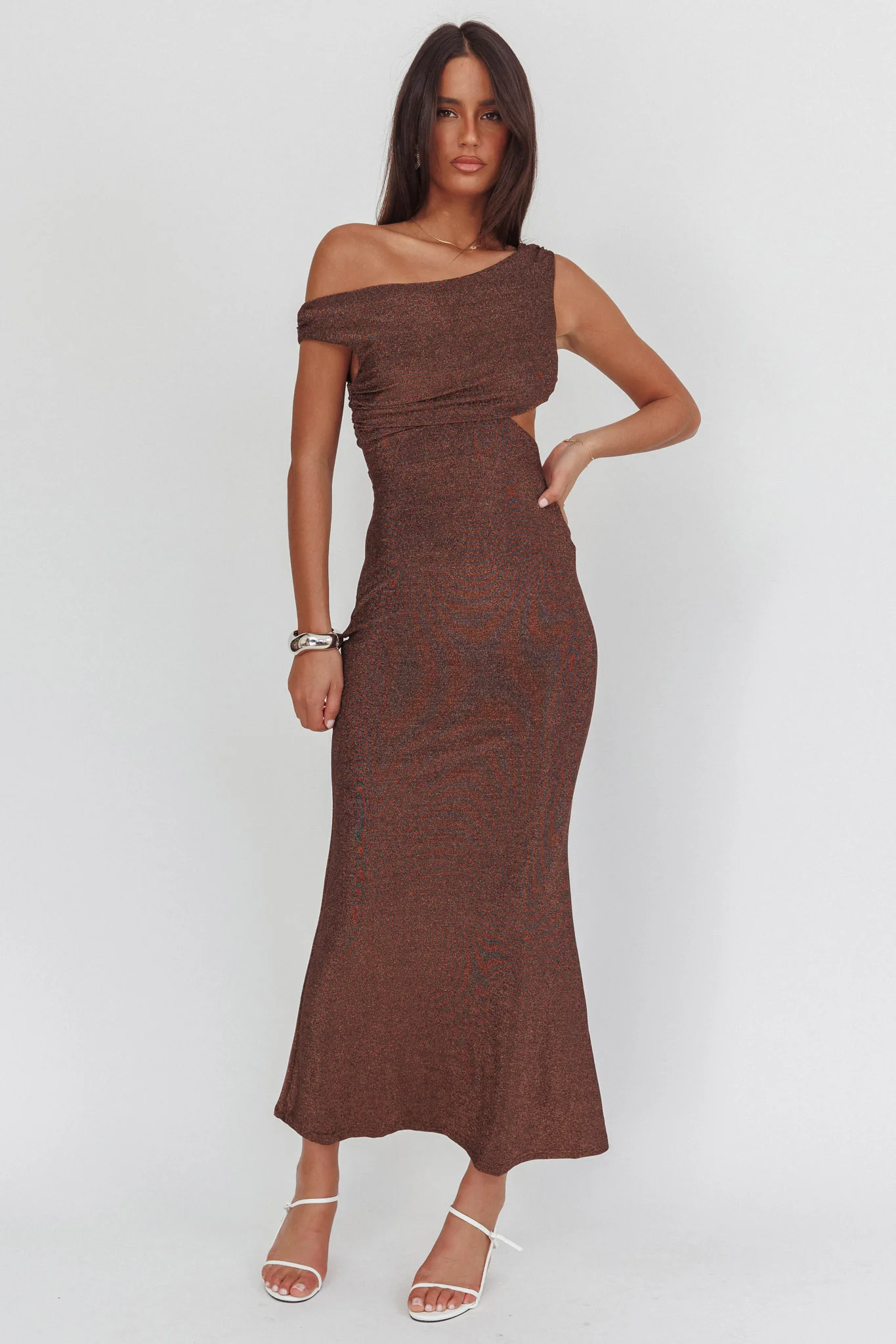 In Blooms Asymmetric Neckline Maxi Dress Shimmer Chocolate - luluinthesky