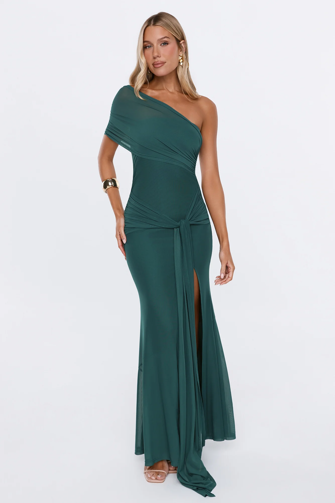 Rose And Moon One Shoulder Mesh Maxi Dress Teal
