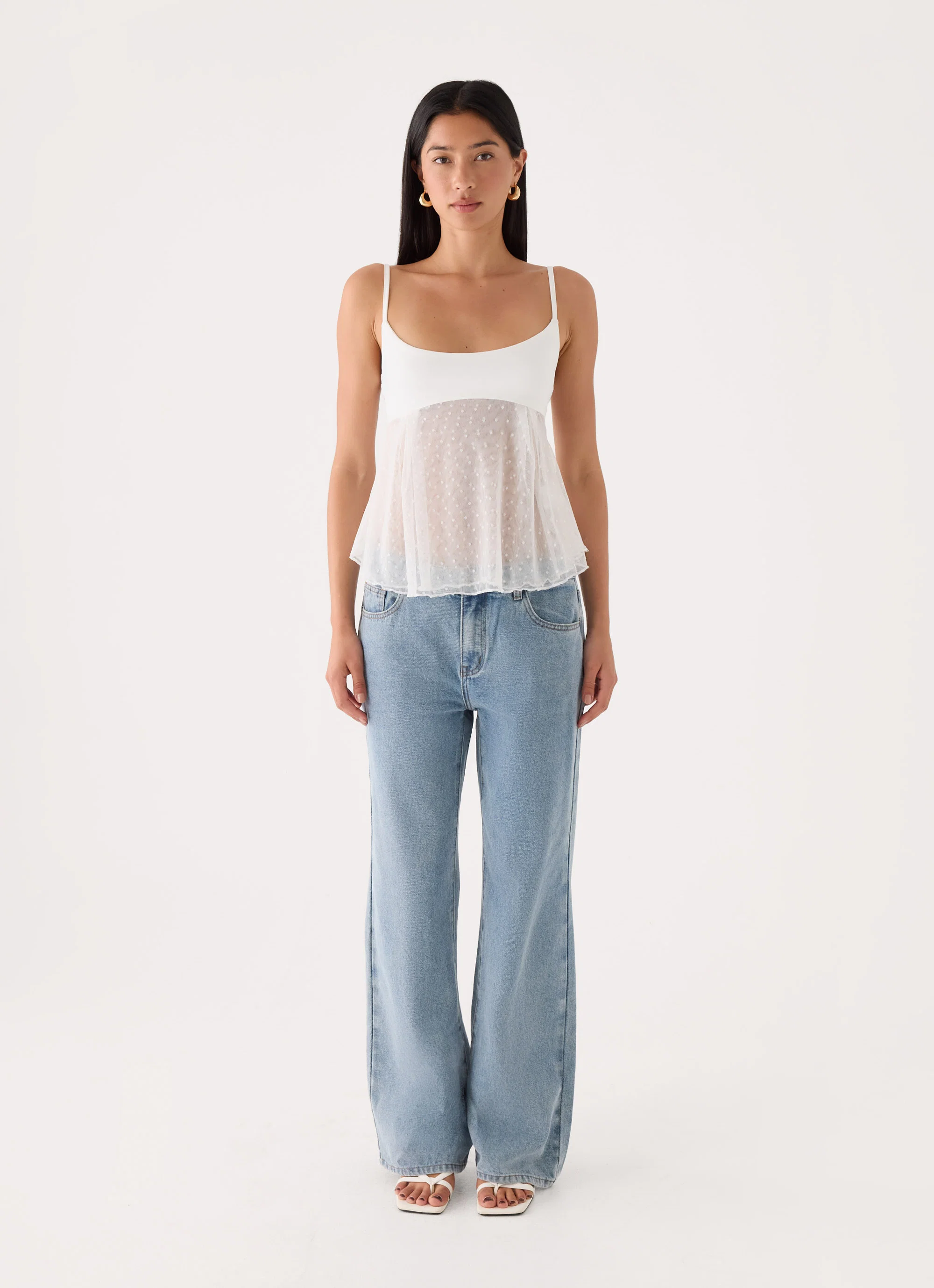 Elsie Mesh Polka Dot Top - White - FASHION NOB