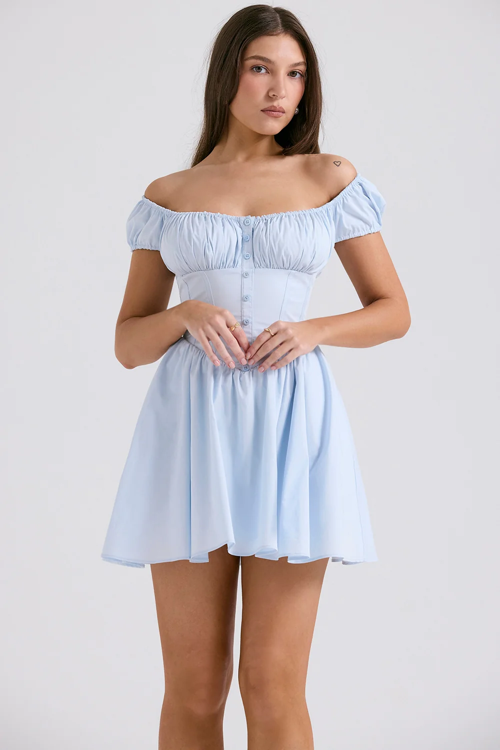 Soft Blue Cotton Gathered Mini Dress