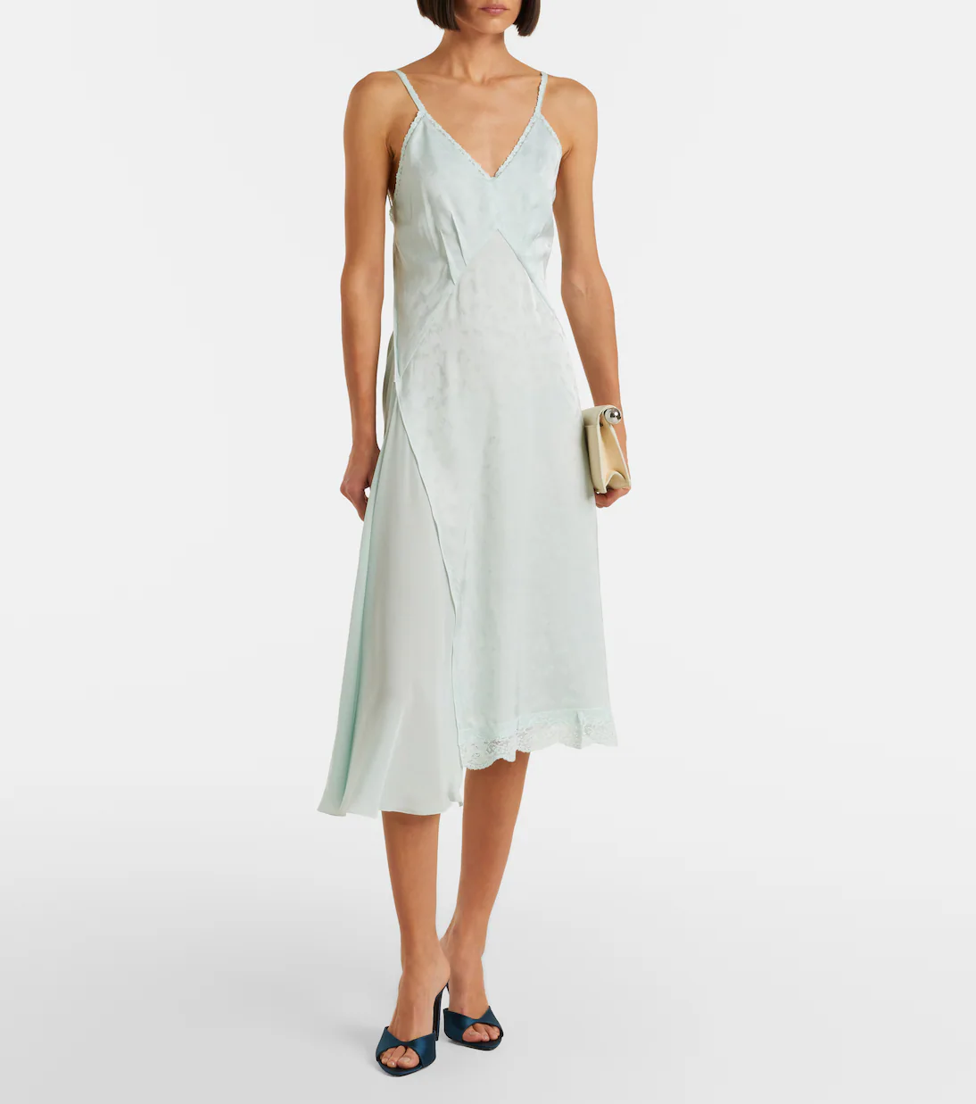 Asymmetric lace-trimmed jacquard slip dress