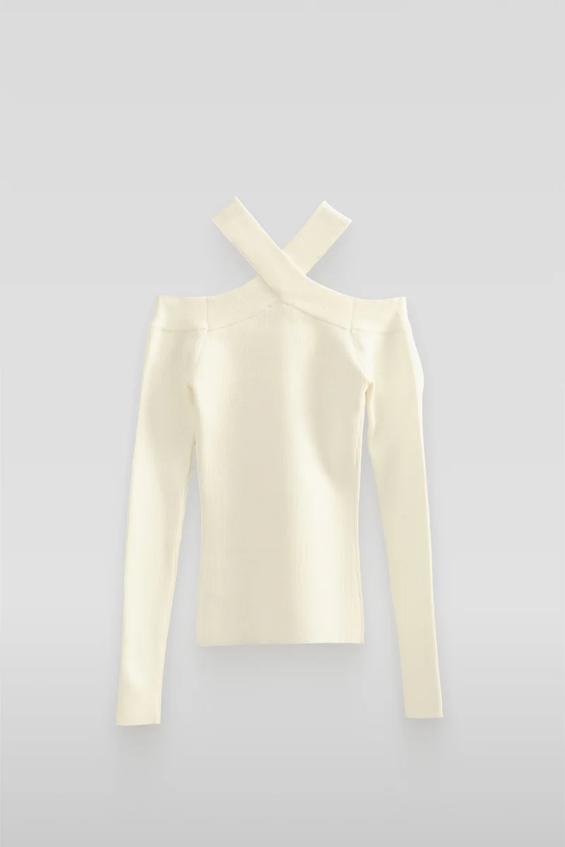 Ribbed Off-The-Shoulder Halter Sweater-Knit Top