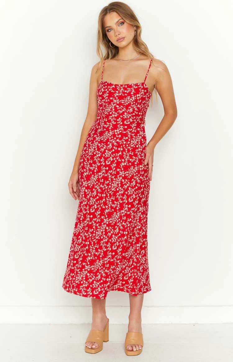 Delphine Red Floral Midi Dress