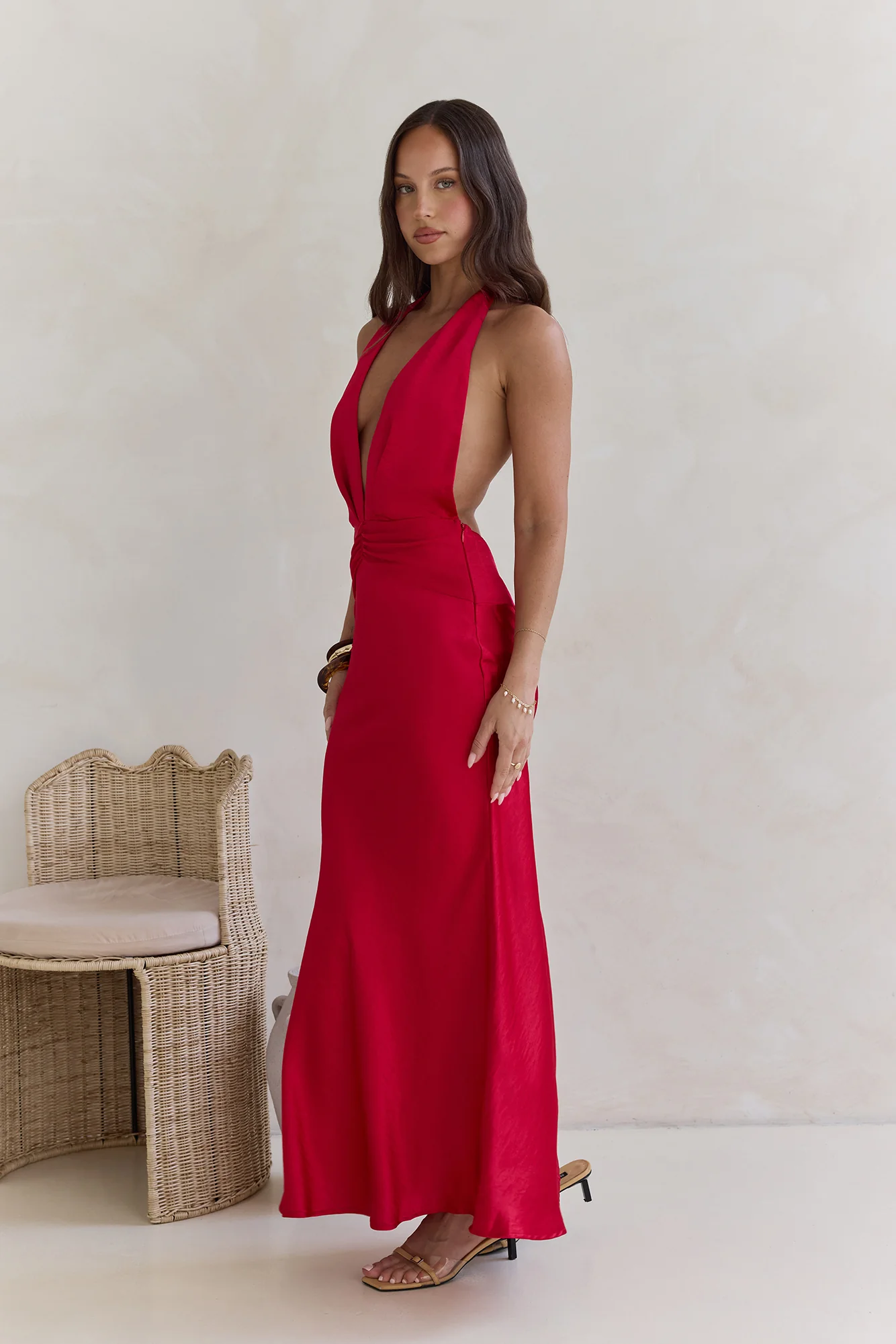 Got A Feeling Halter Satin Maxi Dress Red - luluinthesky