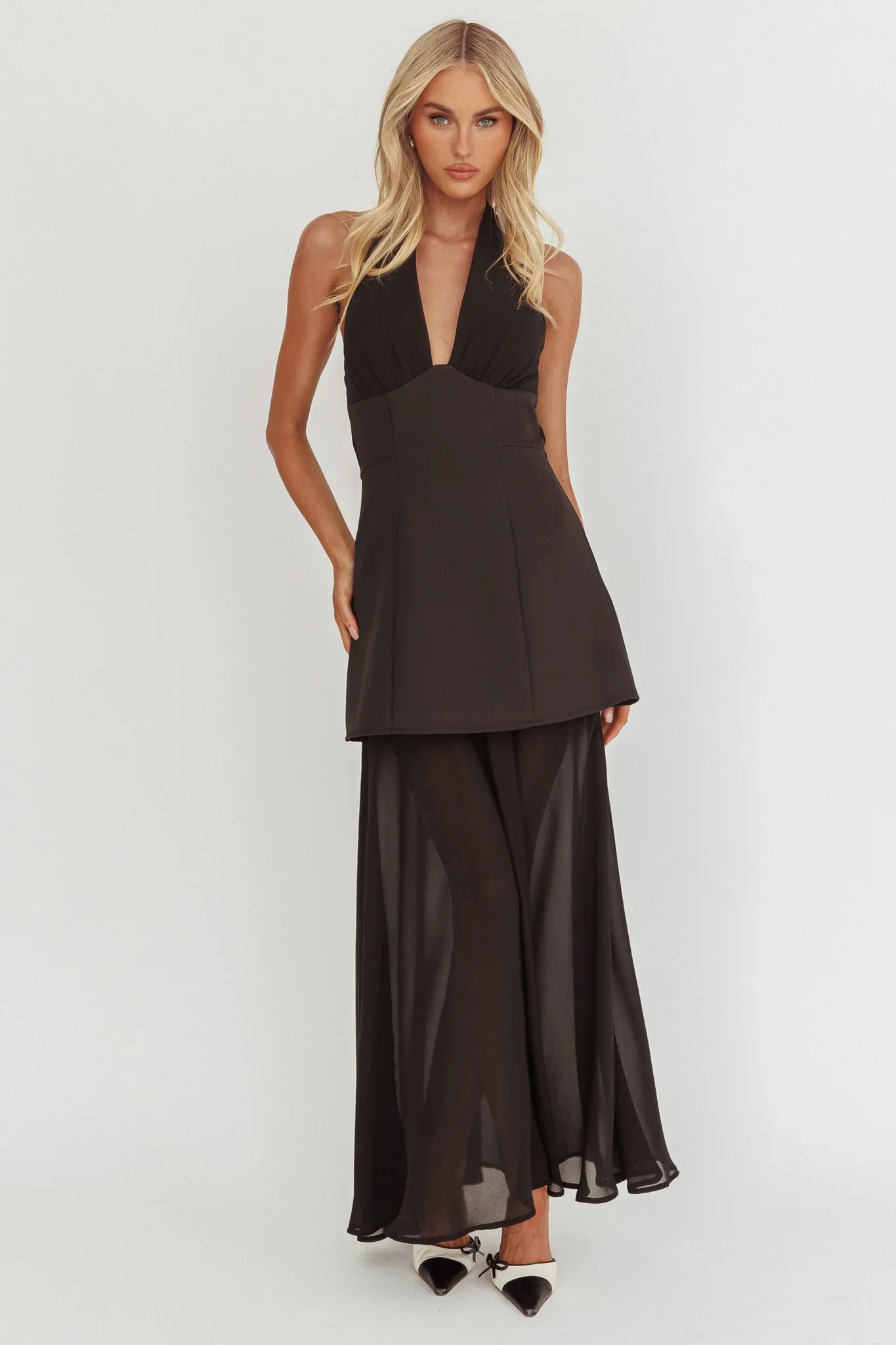 Opulent Halterneck Layered Maxi Dress Black