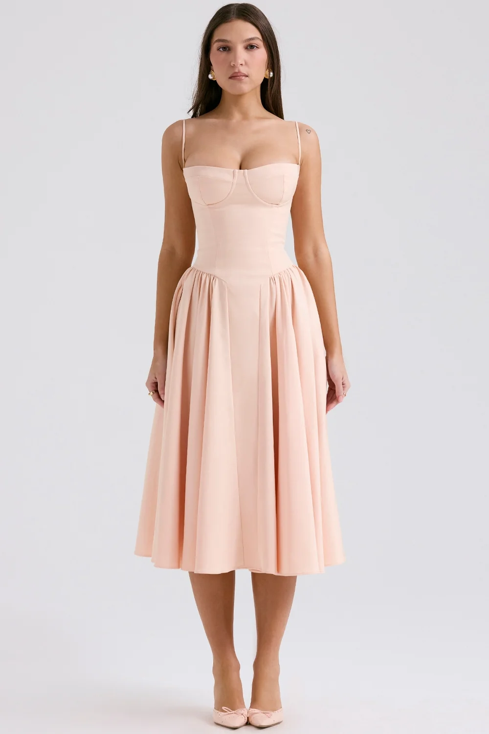 Peach Parfait Twill Corset Midi Dress