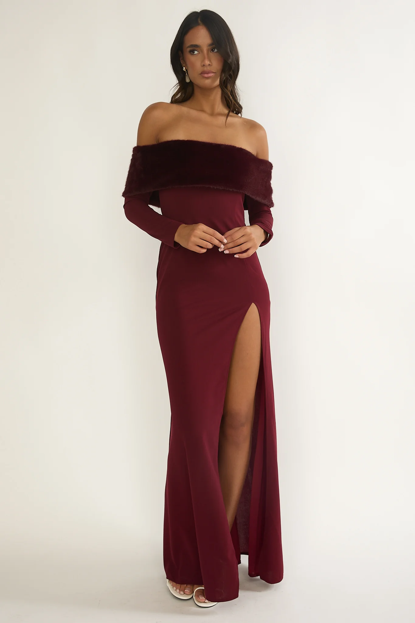 Noella Off-Shoulder Fur Trim Maxi Dress Wine