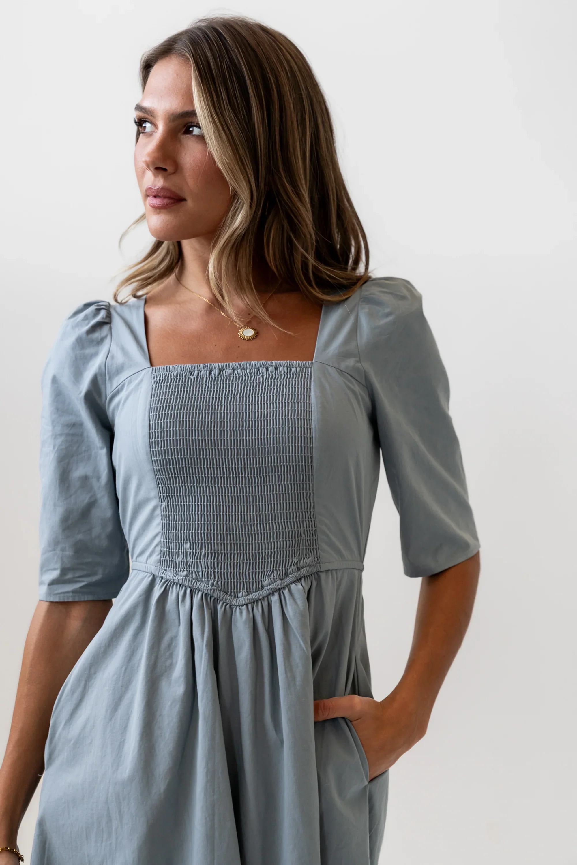 Paisley Smocked Midi Dress in Slate Blue