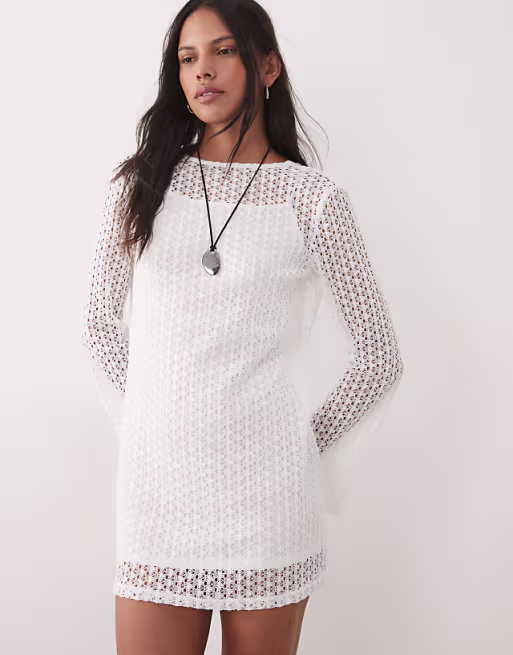 Mango Teen knit long sleeve mini dress in white