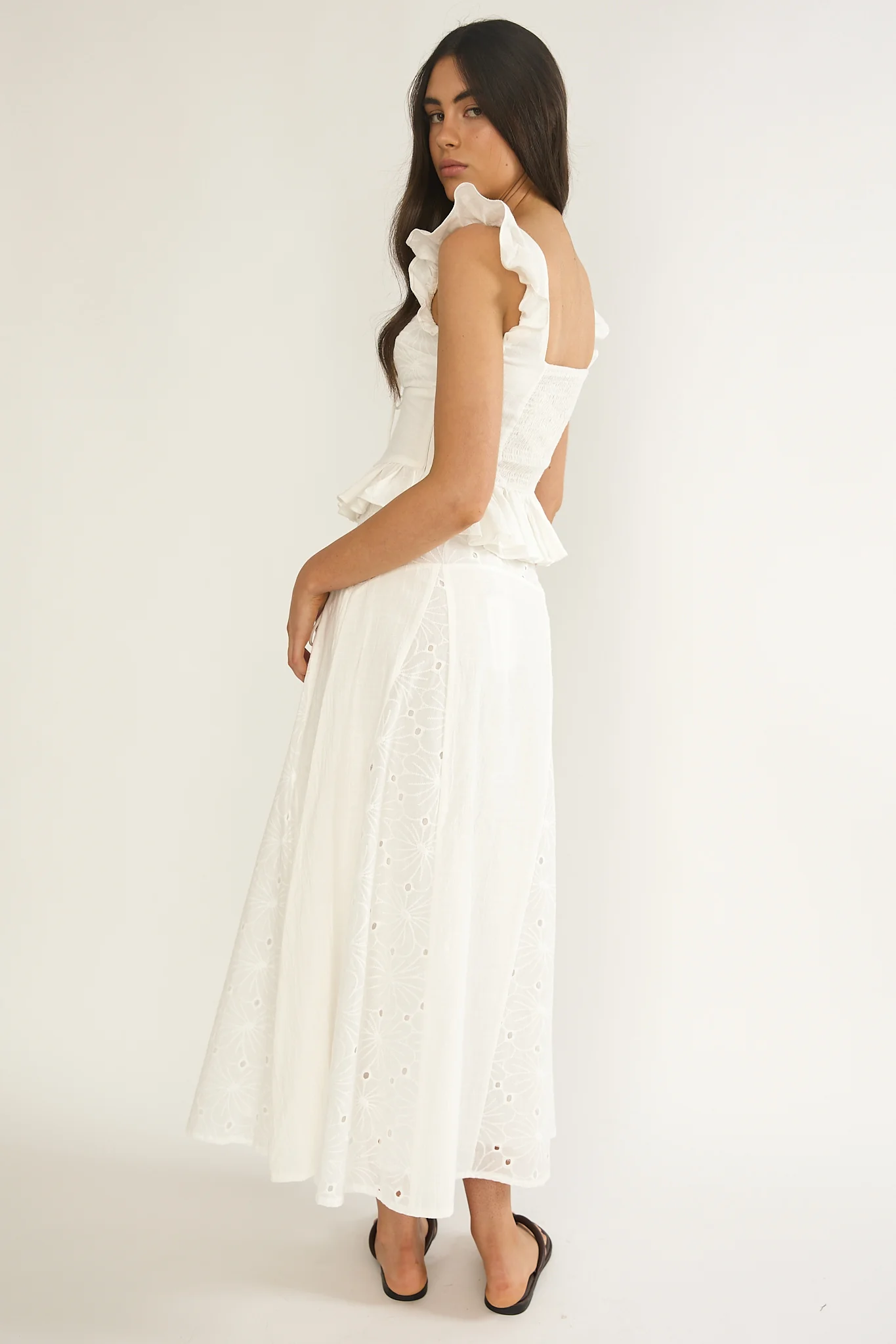 Danette String Tie Embroidery Maxi Skirt White