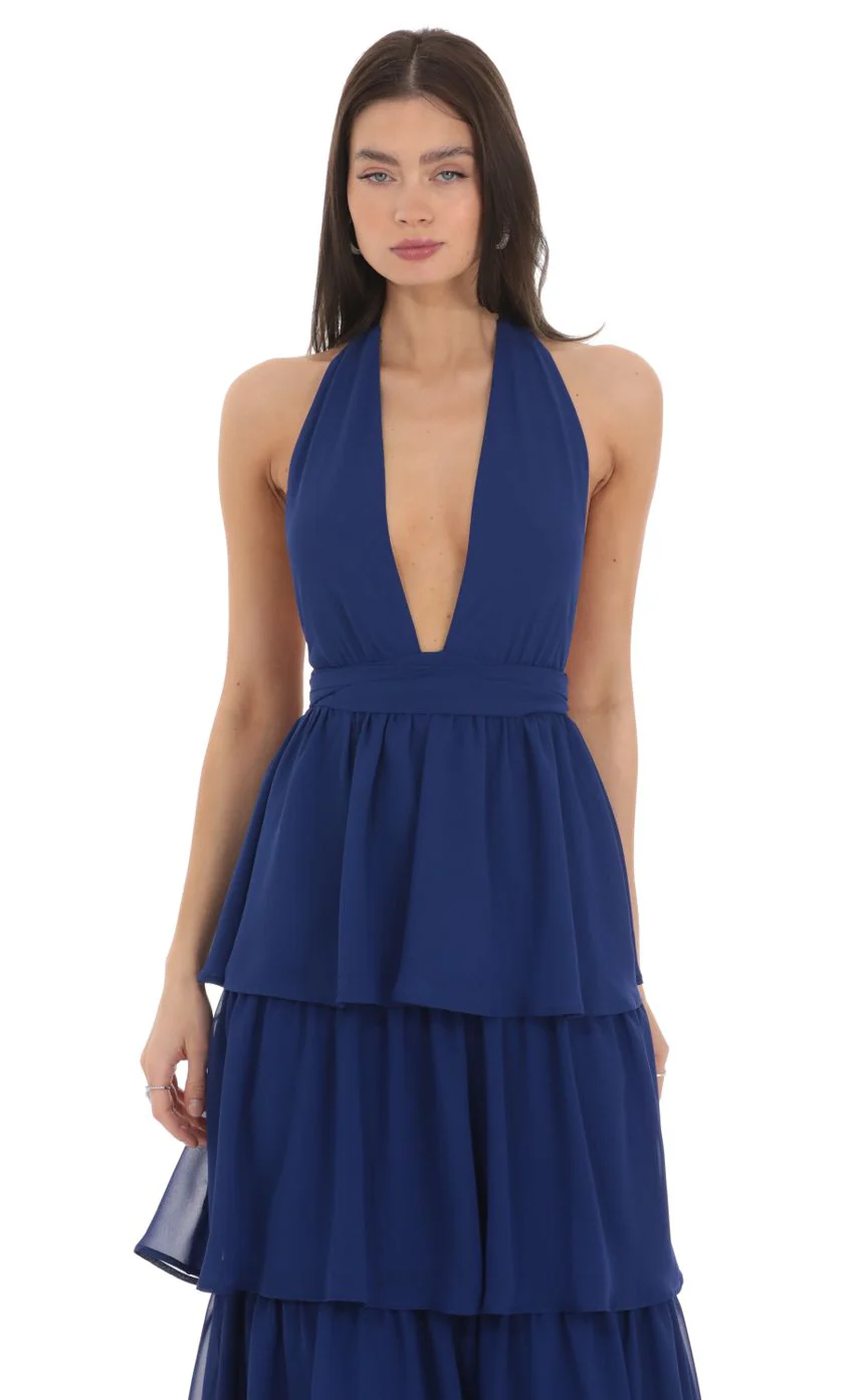 Chiffon Plunge Ruffle Dress in Blue - luluinthesky