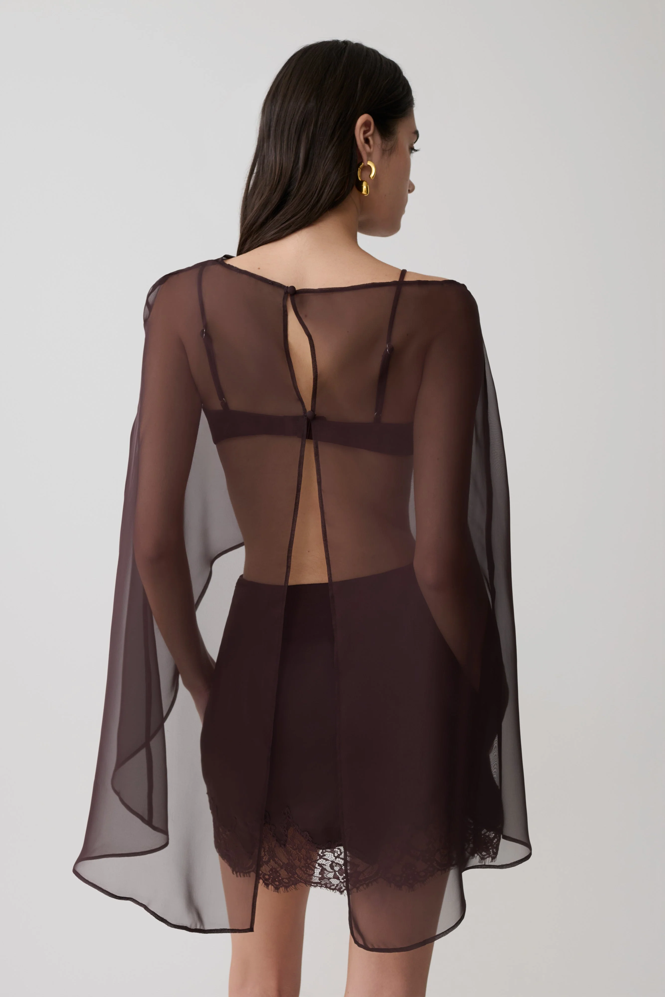 Kirstine Bralette With Chiffon Cape - Chocolate