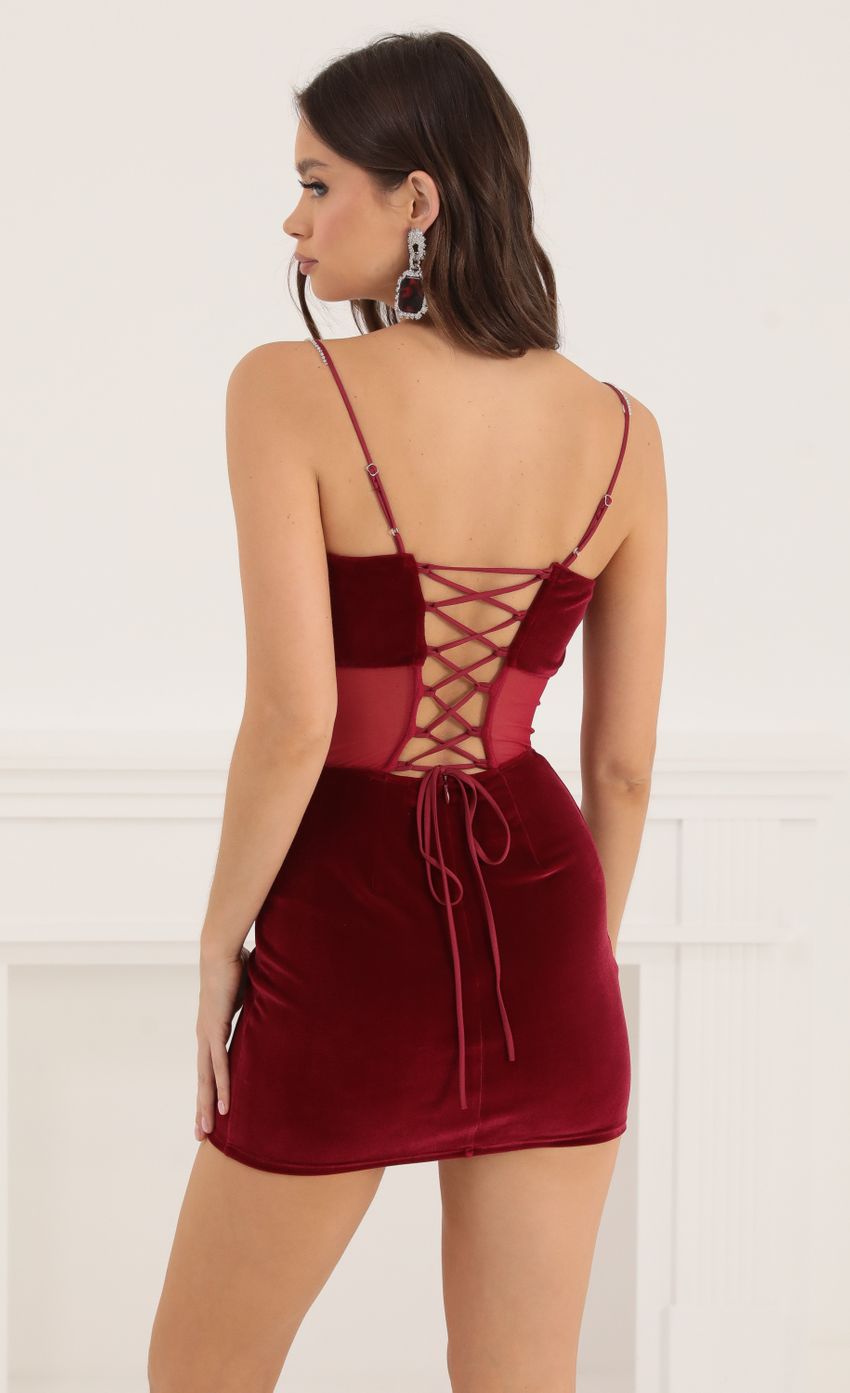 Velvet Rhinestone Corset Dress in Red