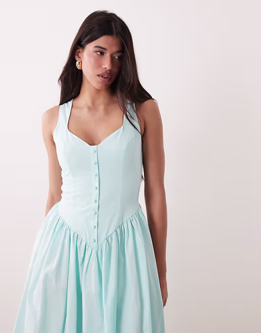 Kaiia exclusive cotton poplin sweetheart neckline button detail dropped v waist maxi dress in baby blue