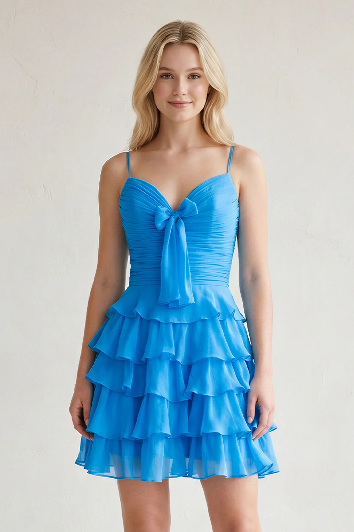 Pink Spaghetti Straps A Line Chiffon Ruffles Homecoming Dresses With Bow