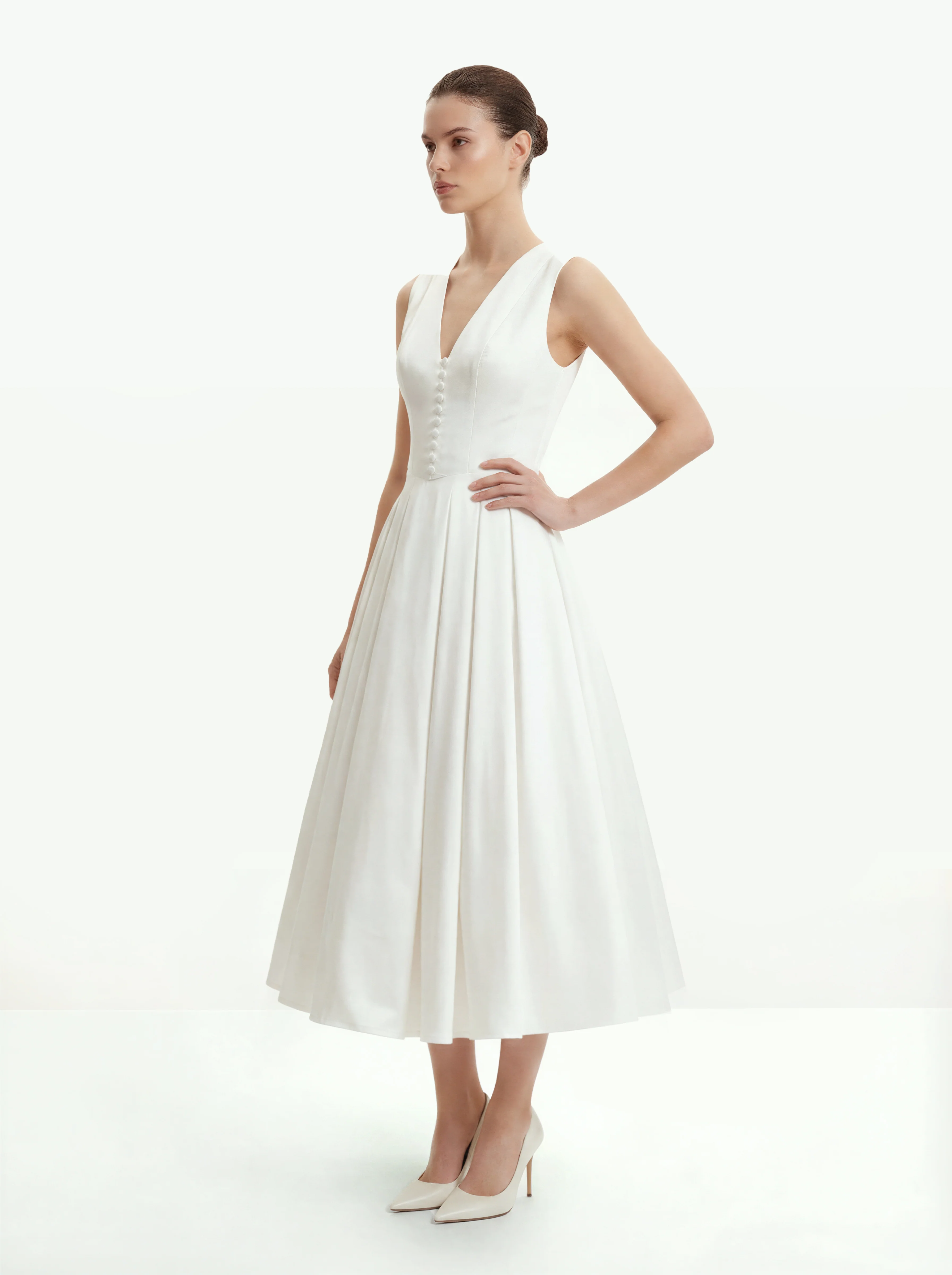 Front V-Neck Pleated Midi Dress - White - FASHION NOB