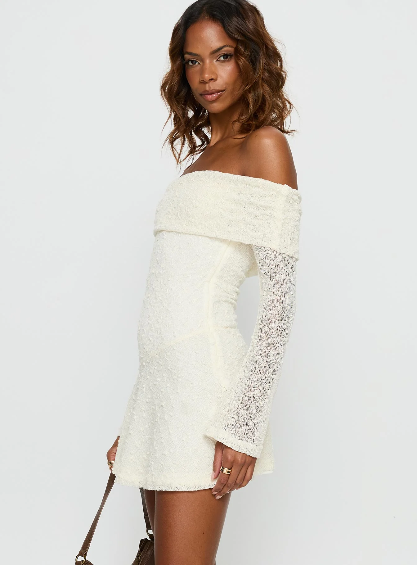 Ivee Off Shoulder Long Sleeve Mini Dress Cream - luluinthesky