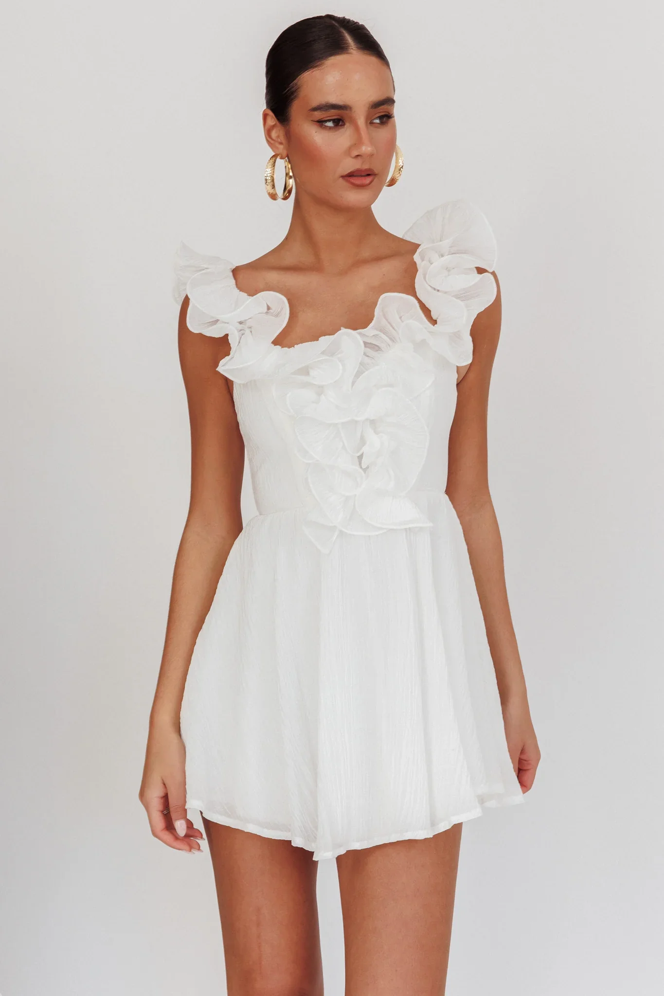 Nivaya Ruffle Neckline Mini Dress White