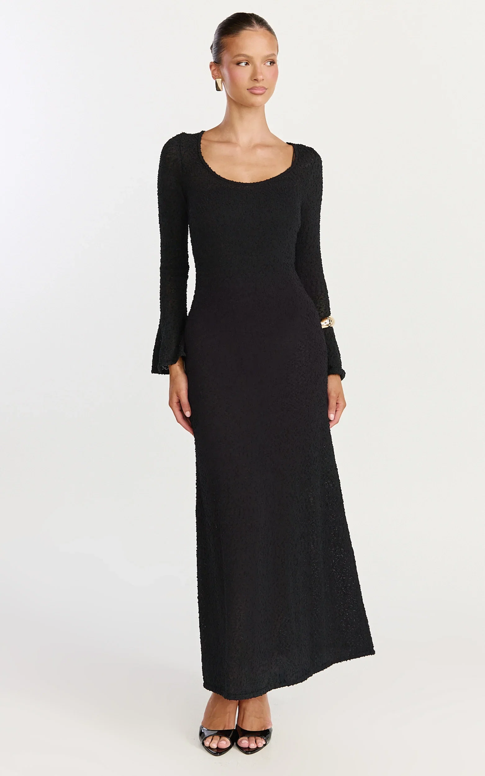 Michelle Maxi Dress - Scoop Neck Flute Sleeve Knit Maxi Dress in Black