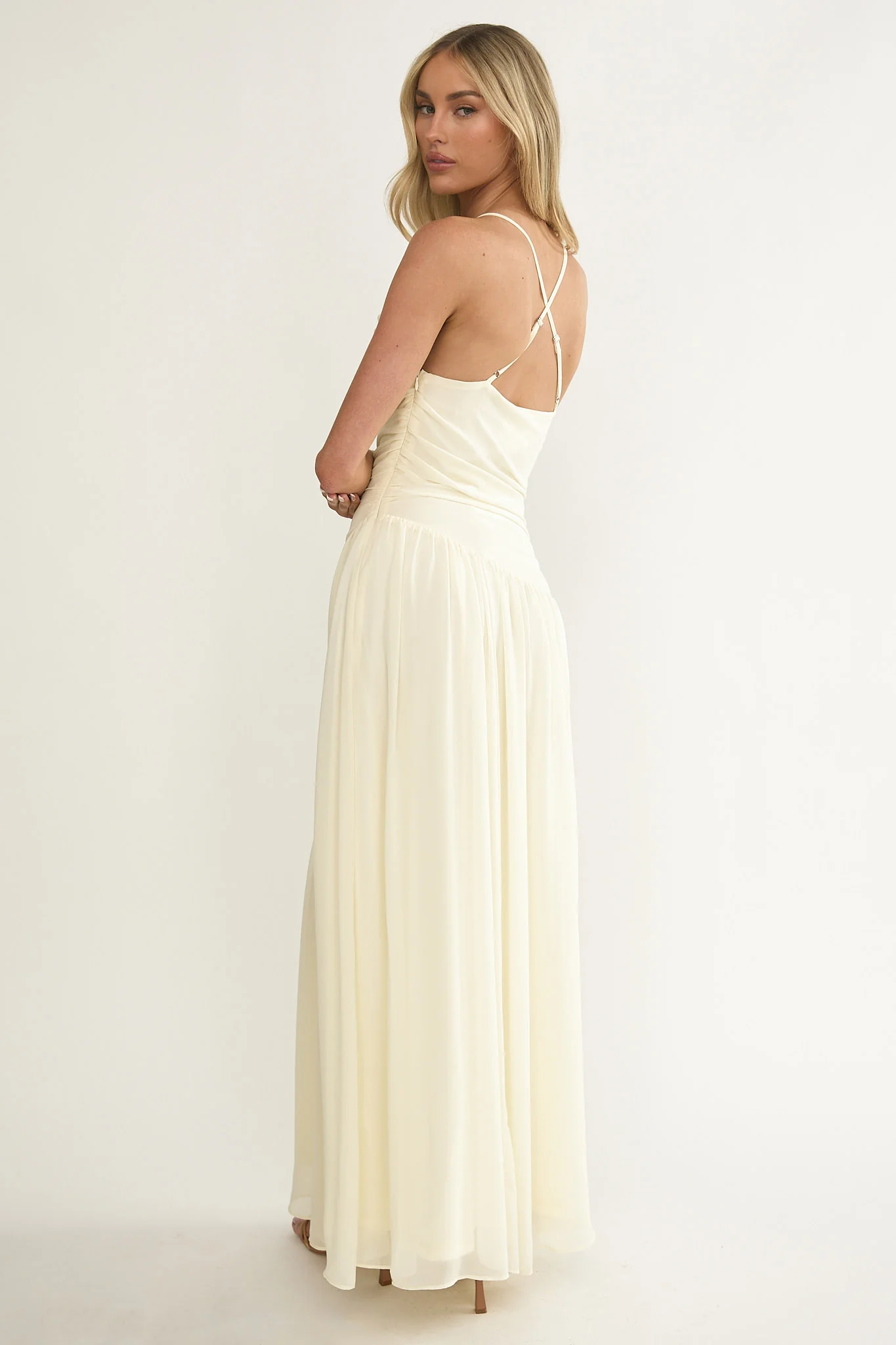 Brighten Drop Waist Flower Accent Maxi Dress Butter