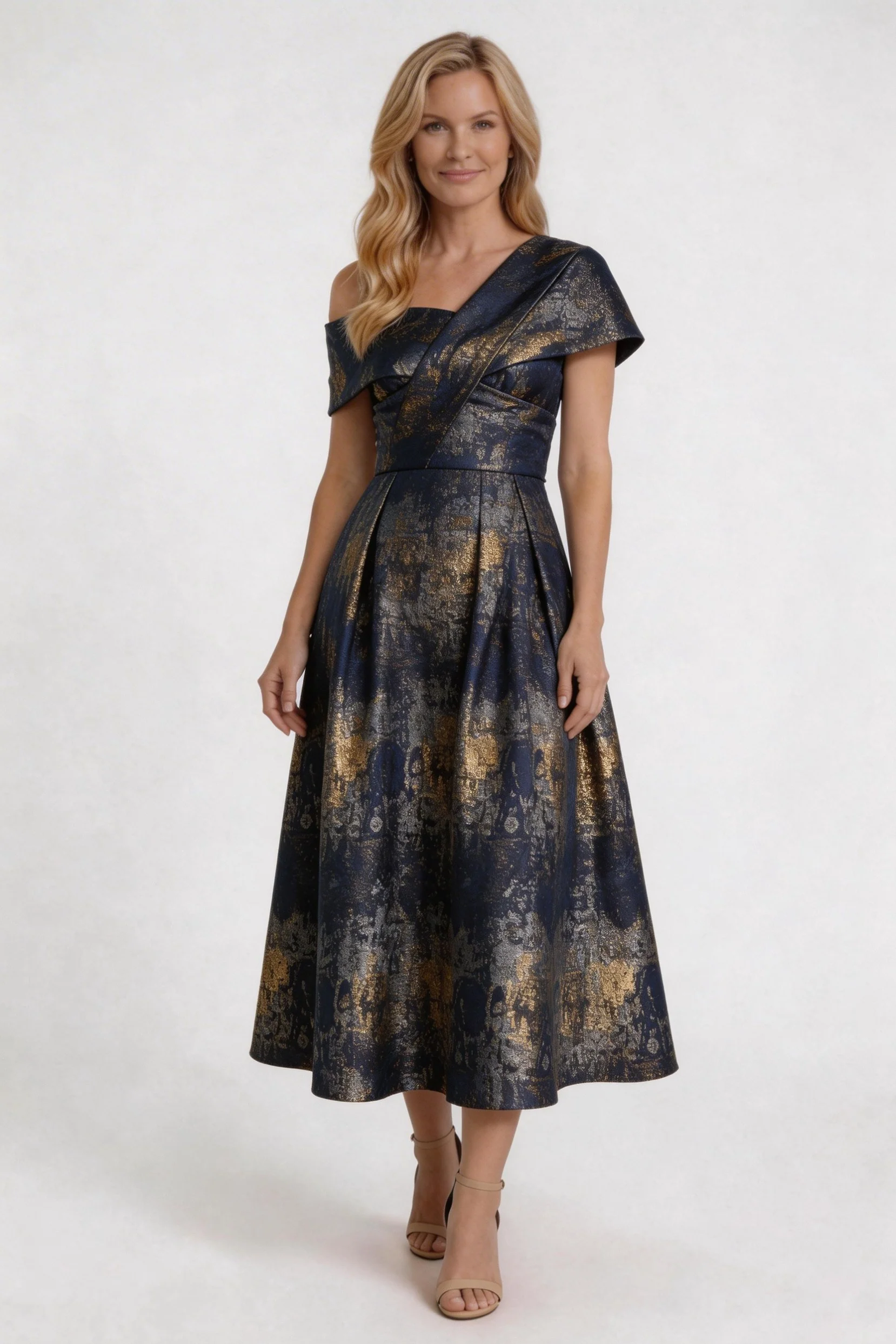 A-Line Tea-Length Jacquard Mother of the Bride Dress CM0421