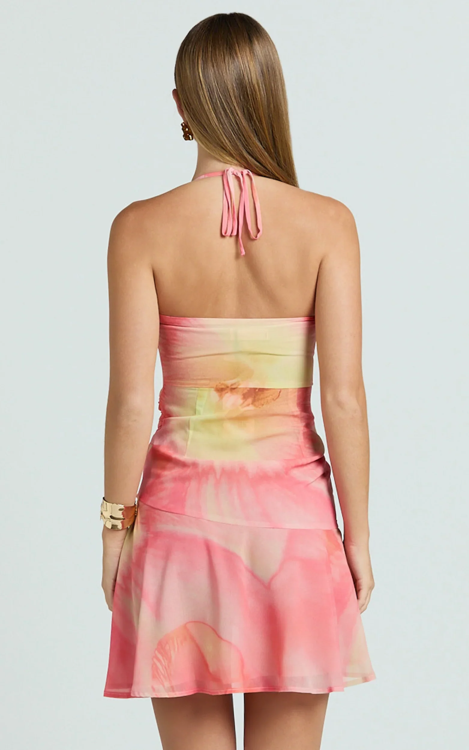 Charlie Mini Dress - Shirred Polka Dot Halter Dress in Regency Floral