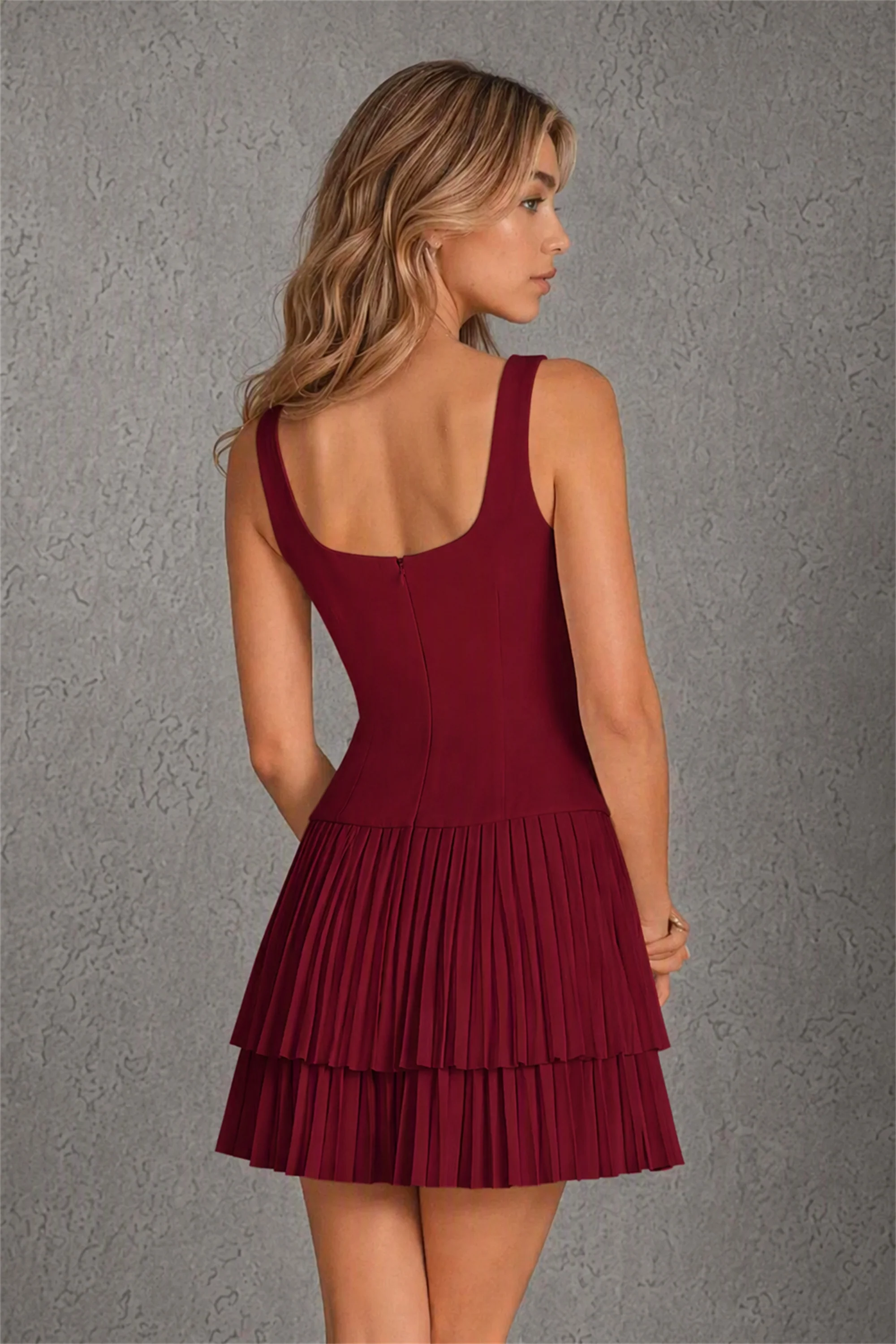 BOLODOO Burgundy Knit Square Neck Wide Strap Corset Bodice Tiered Pleated Mini Dress with Low Back