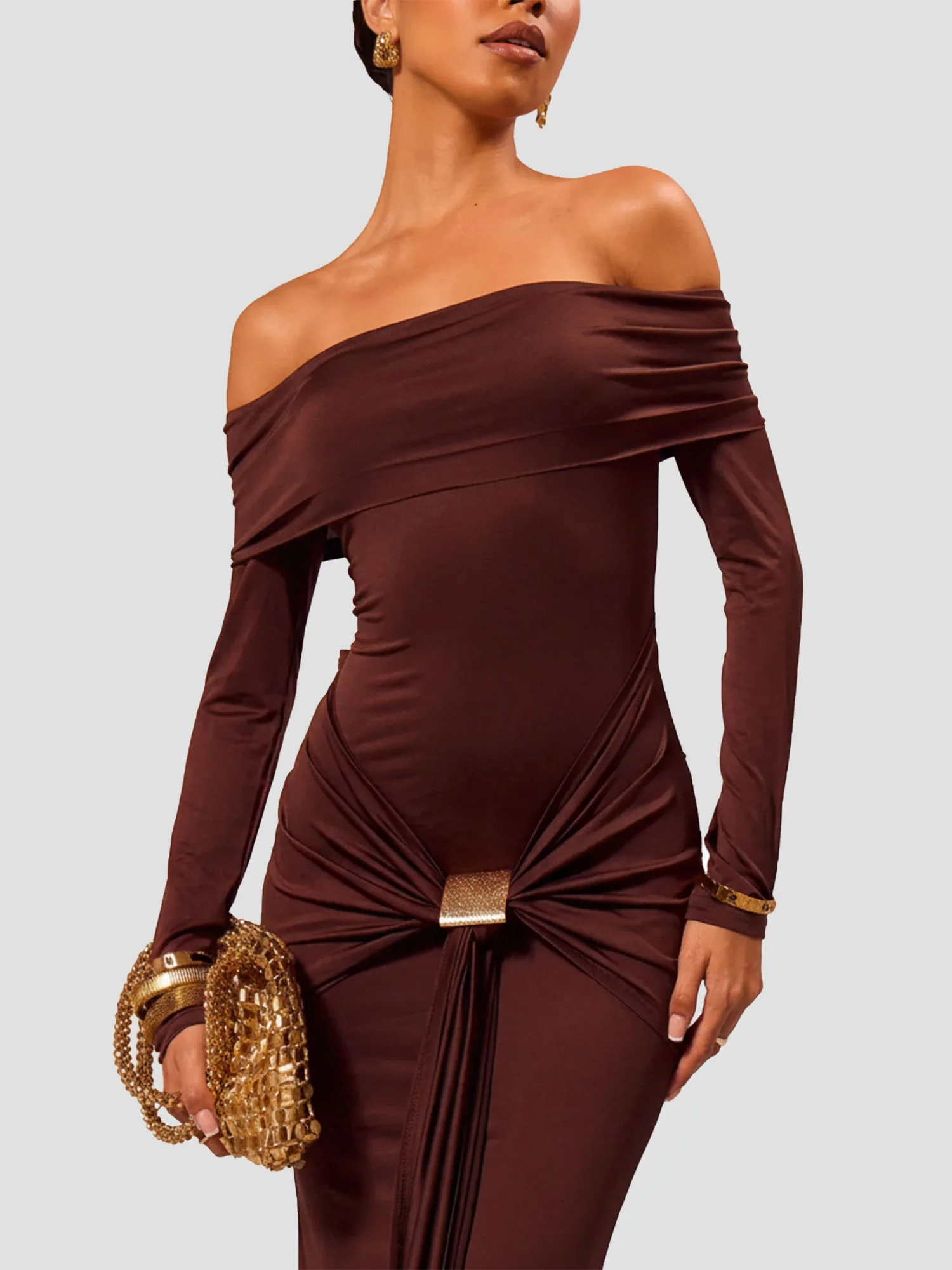 Brown Sleek Maxi Dress Evening Poise