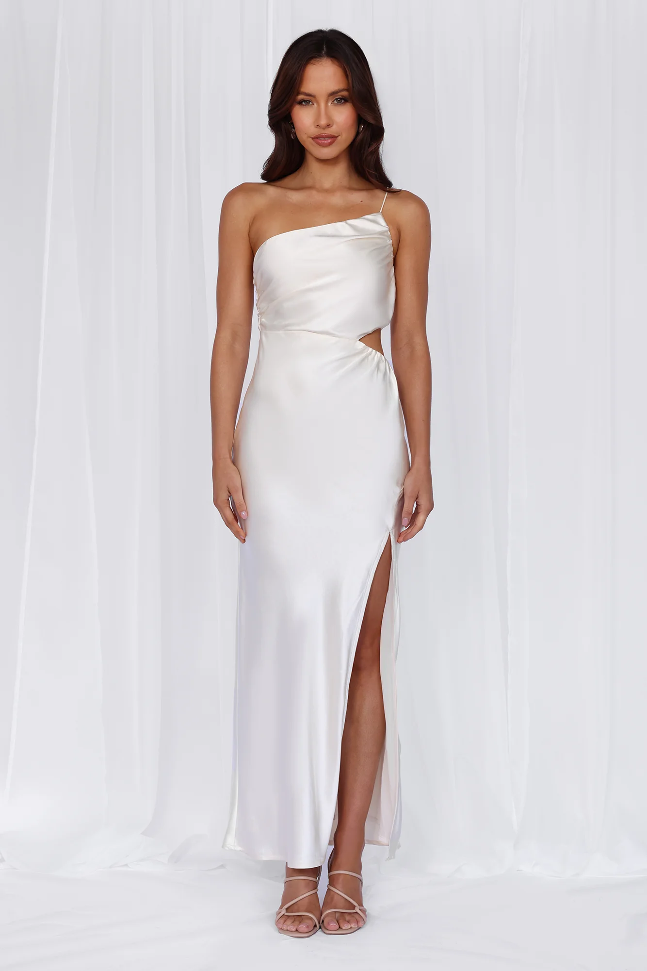 HELLO MOLLY The Opal One Shoulder Satin Maxi Dress Pearl - luluinthesky