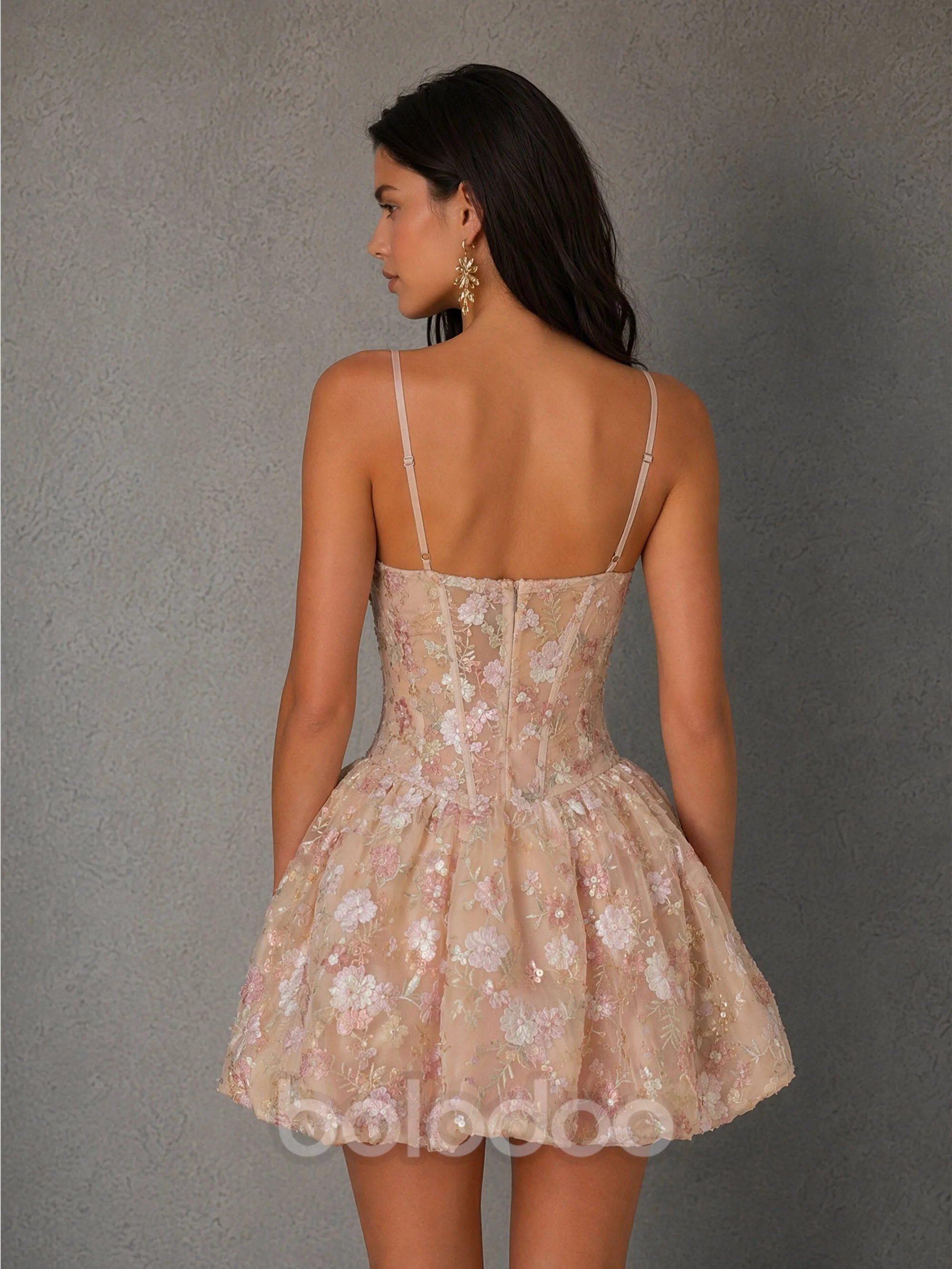 BOLODOO Champagne Floral Embroidered Tulle Sweetheart Corset Bodice Bubble Mini Dress | Low Back