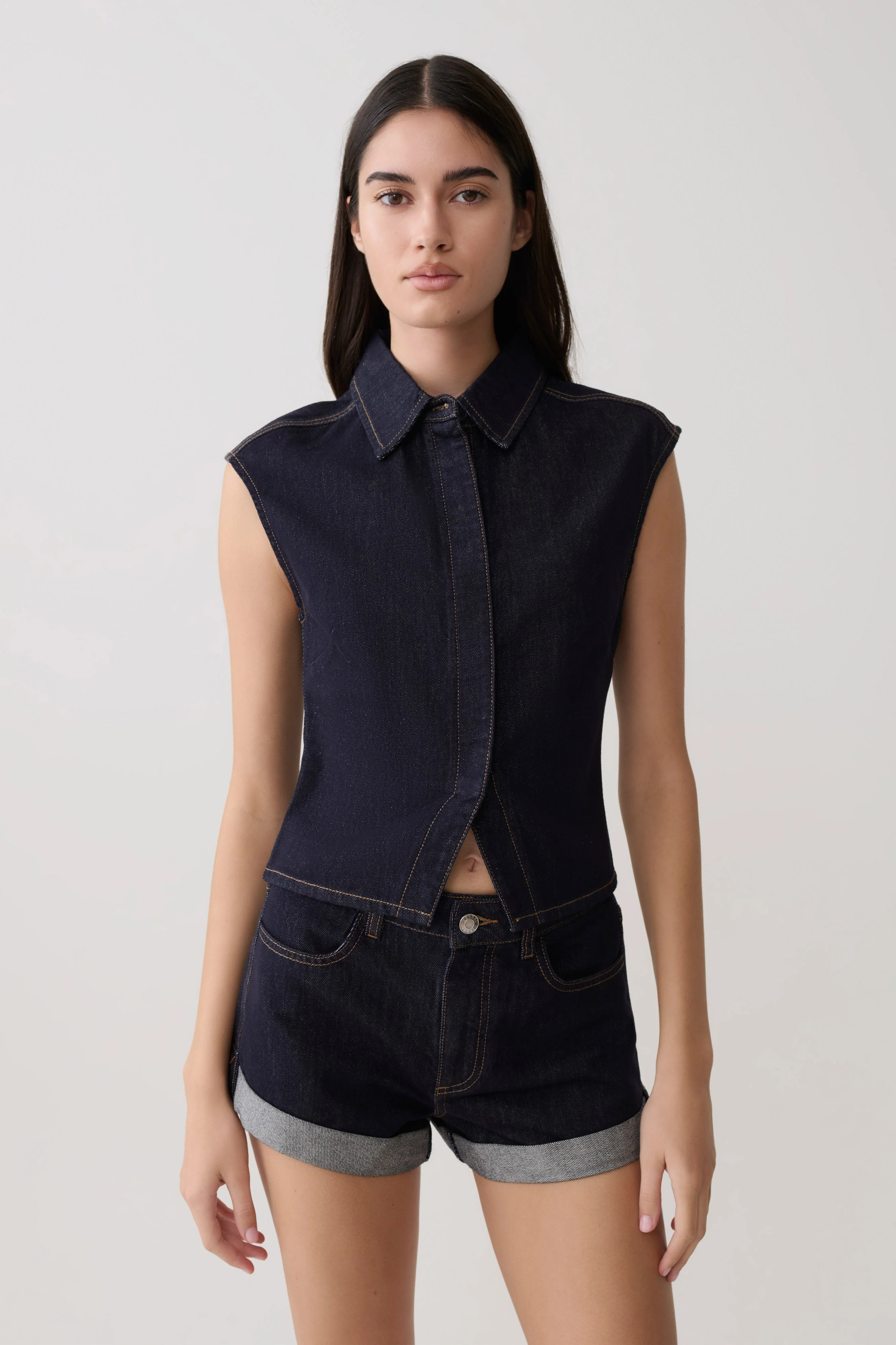 Jeremy Collared Denim Longline Top - Washed Indigo Blue