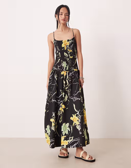 crinkle maxi sundress with shirred dropped waist in oversized floral print