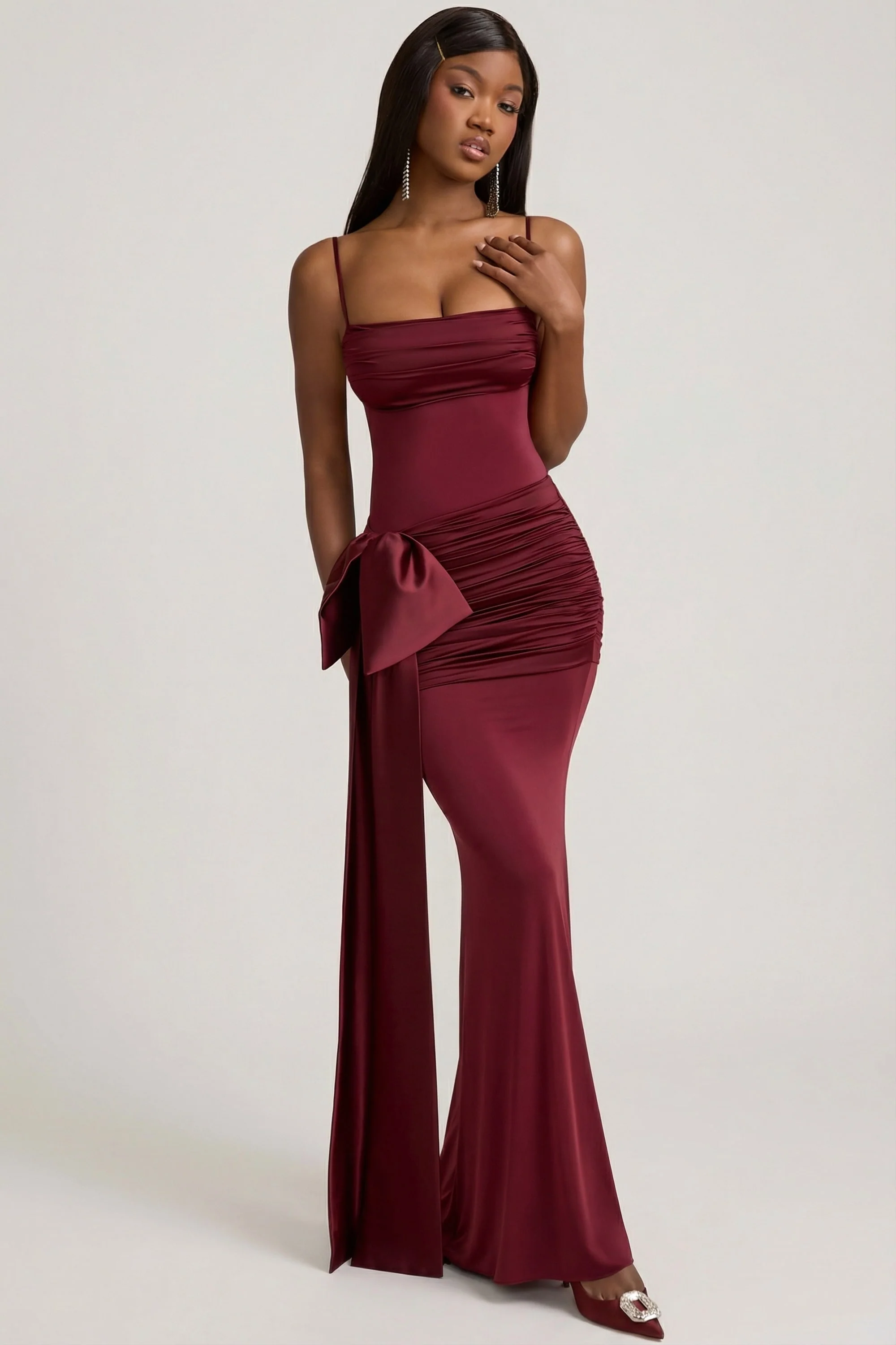 Bow-Detail Ruched Maxi Dress in Wine Red