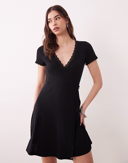 Miss Selfridge pointelle lace trim wrap dress in black