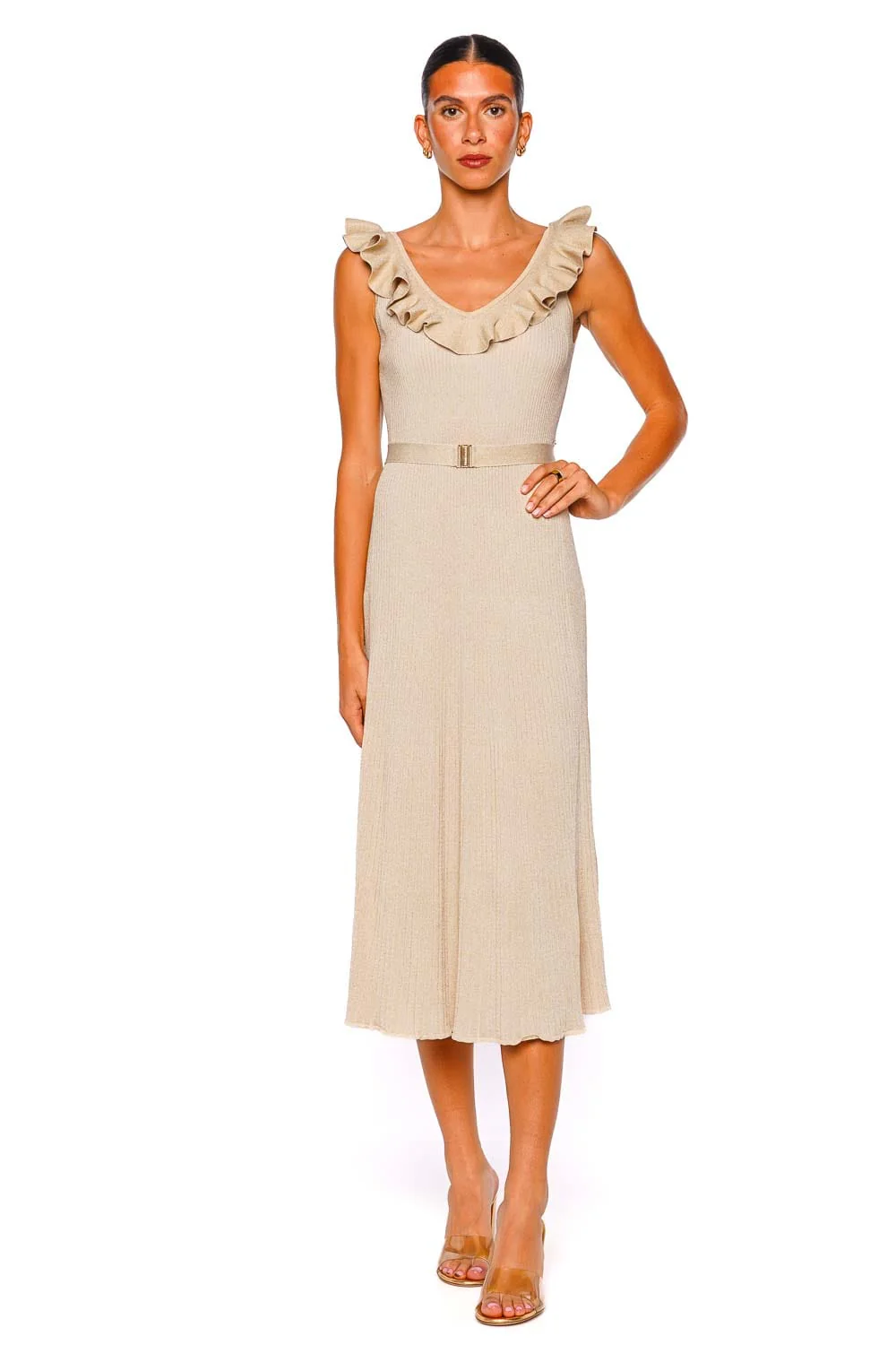 ZIMMERMANN Awaken Metallic Gold Ruffled Knit Midi Dress
