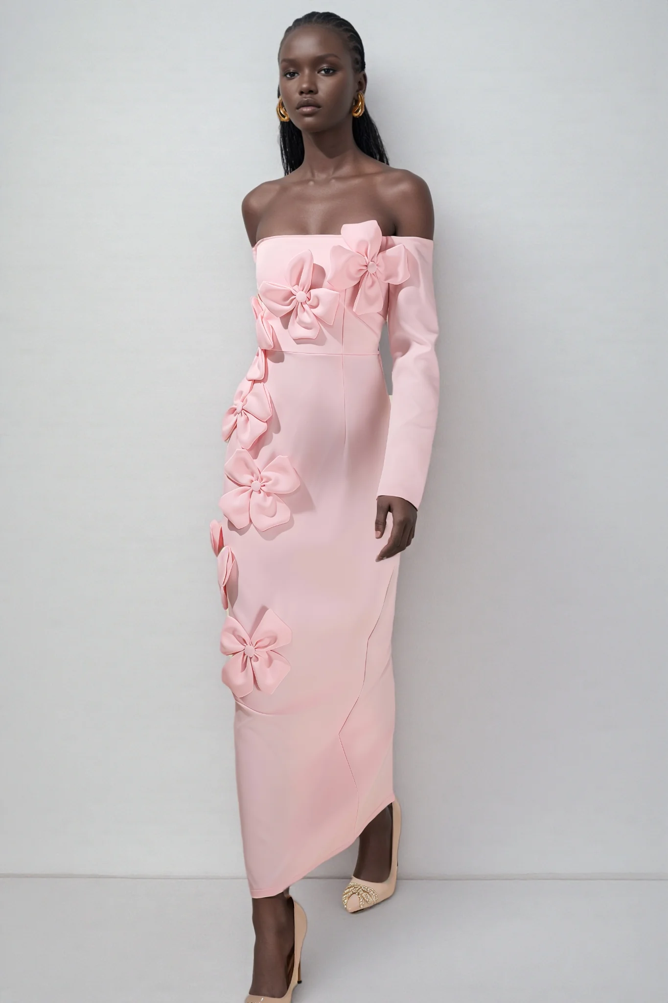 Verna Pink 3D Flower Off-Shoulder Midi Dress
