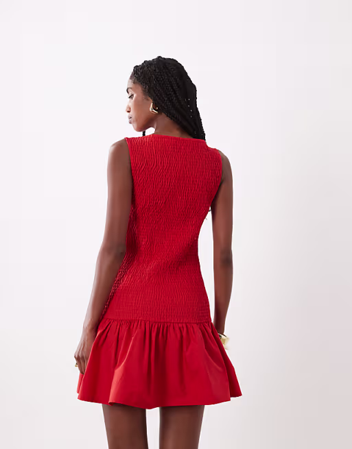 shirred drop waist mini dress in red