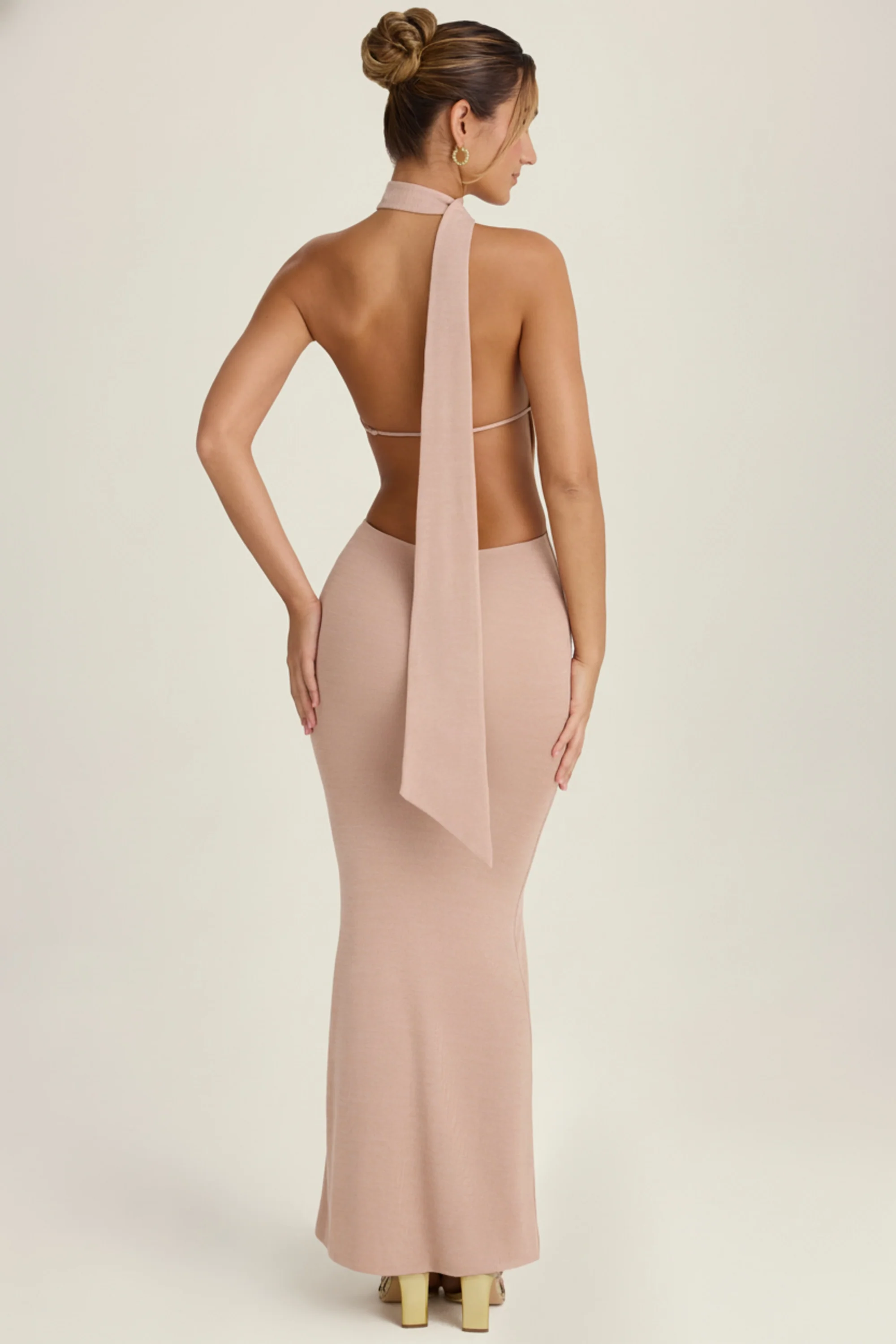 Scarf-Detail Cut-Out Halterneck Maxi Dress in Warm Peach