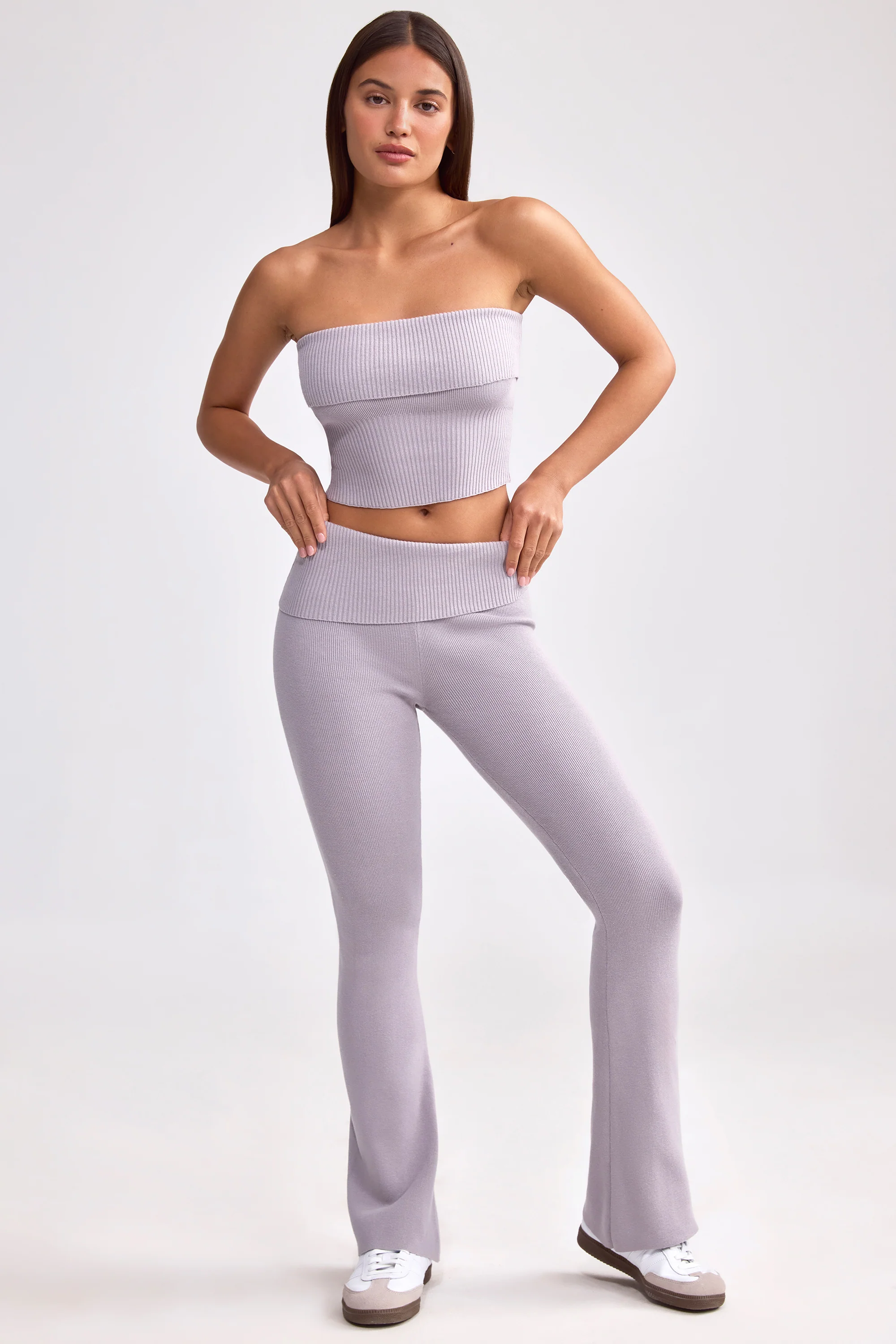 Chunky Knit Foldover Kick Flare Trousers in Dusty Lavender
