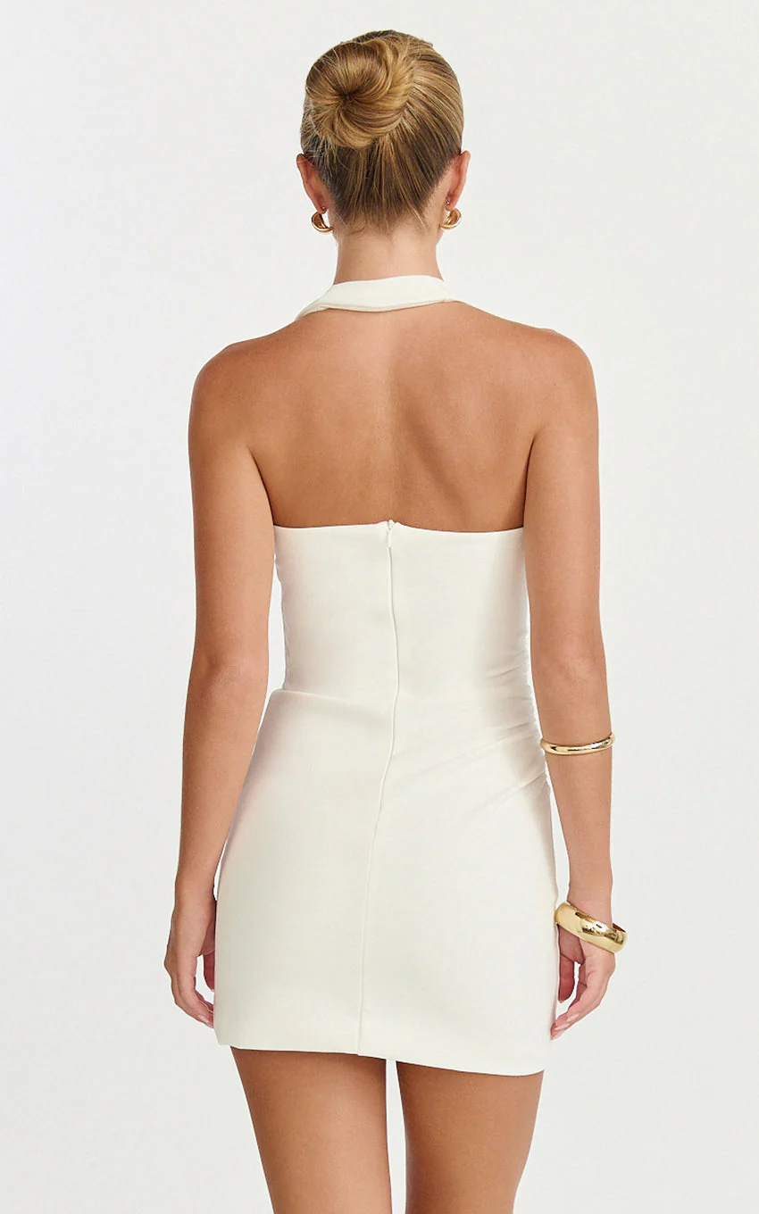 Lucinda Mini Dress - Scoop Neck Ruched Bodycon Dress in White - luluinthesky