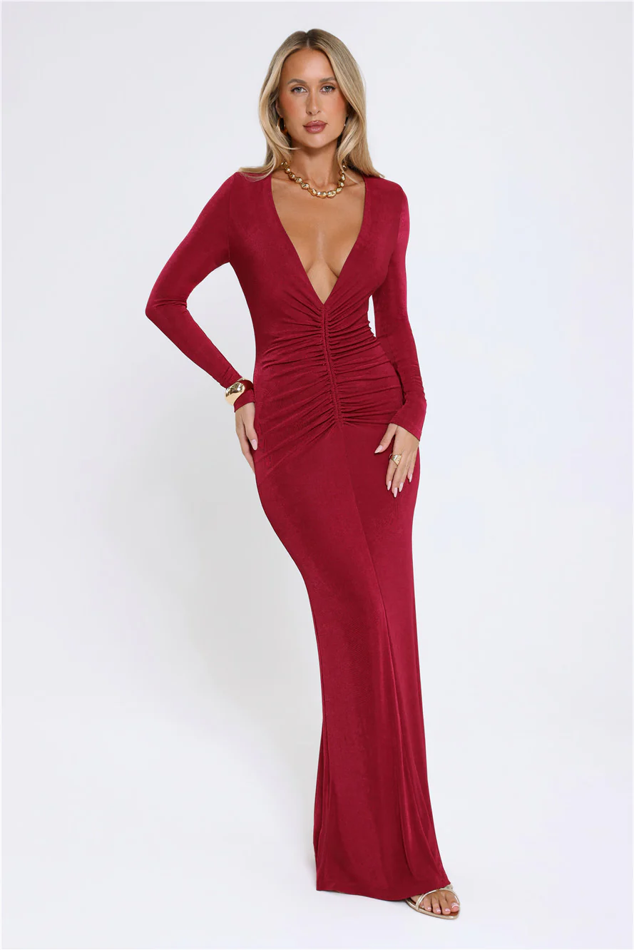 Stare Worthy Long Sleeve Maxi Dress Berry