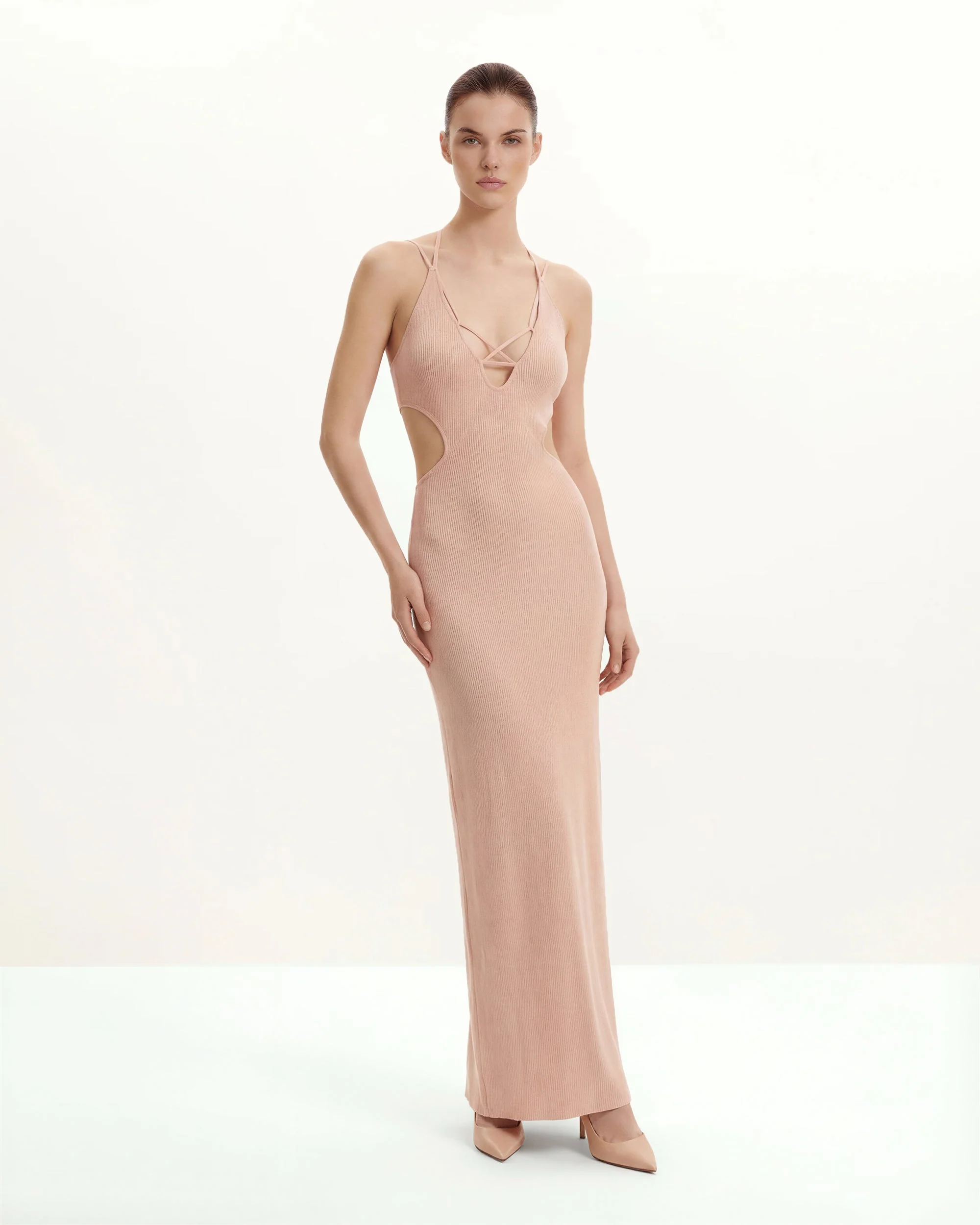 Ribbed Knit Cutout Maxi Dress - Pink