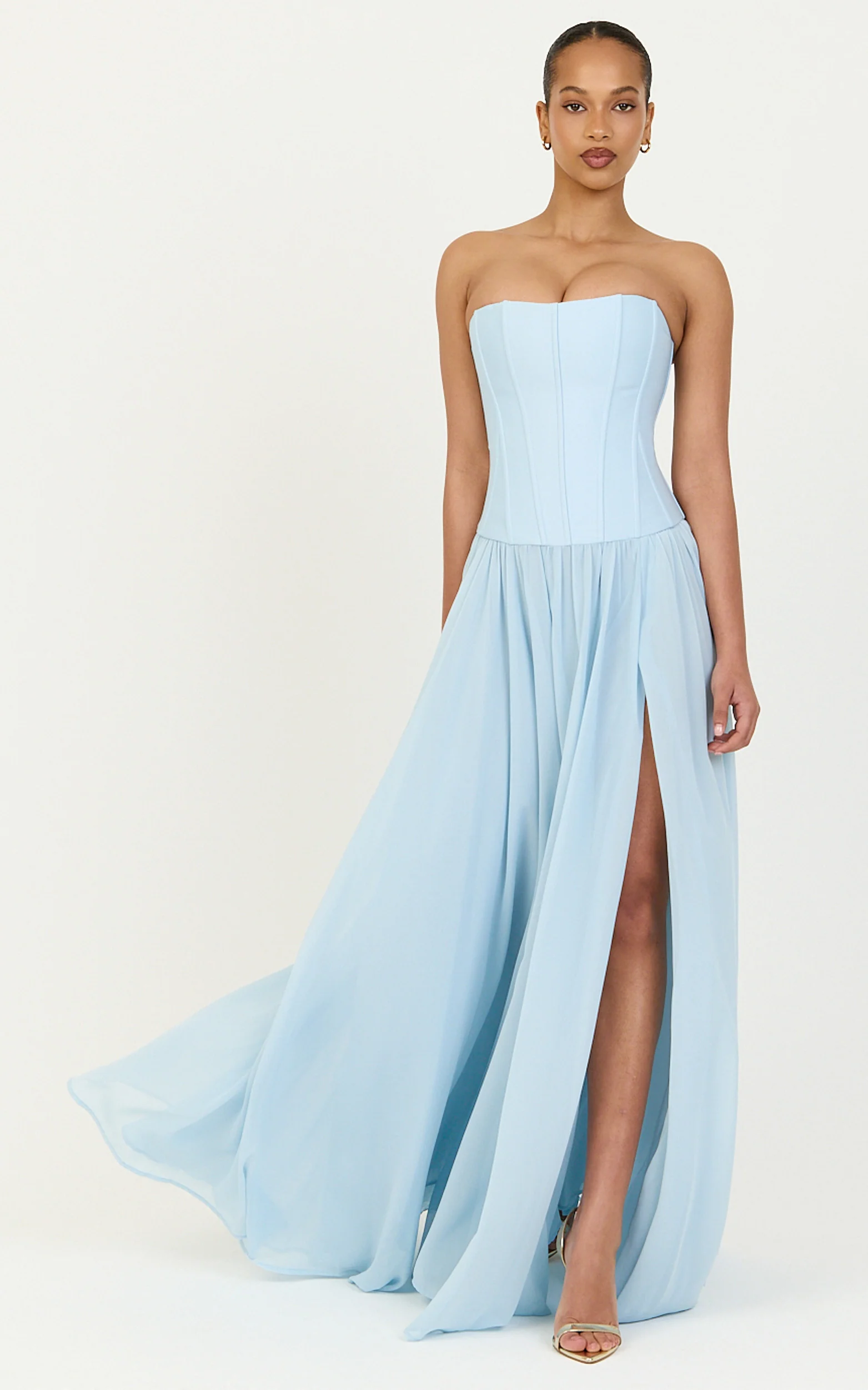 Eugene Maxi Dress - Contrast Strapless Fit And Flare High Split Dress in Blue